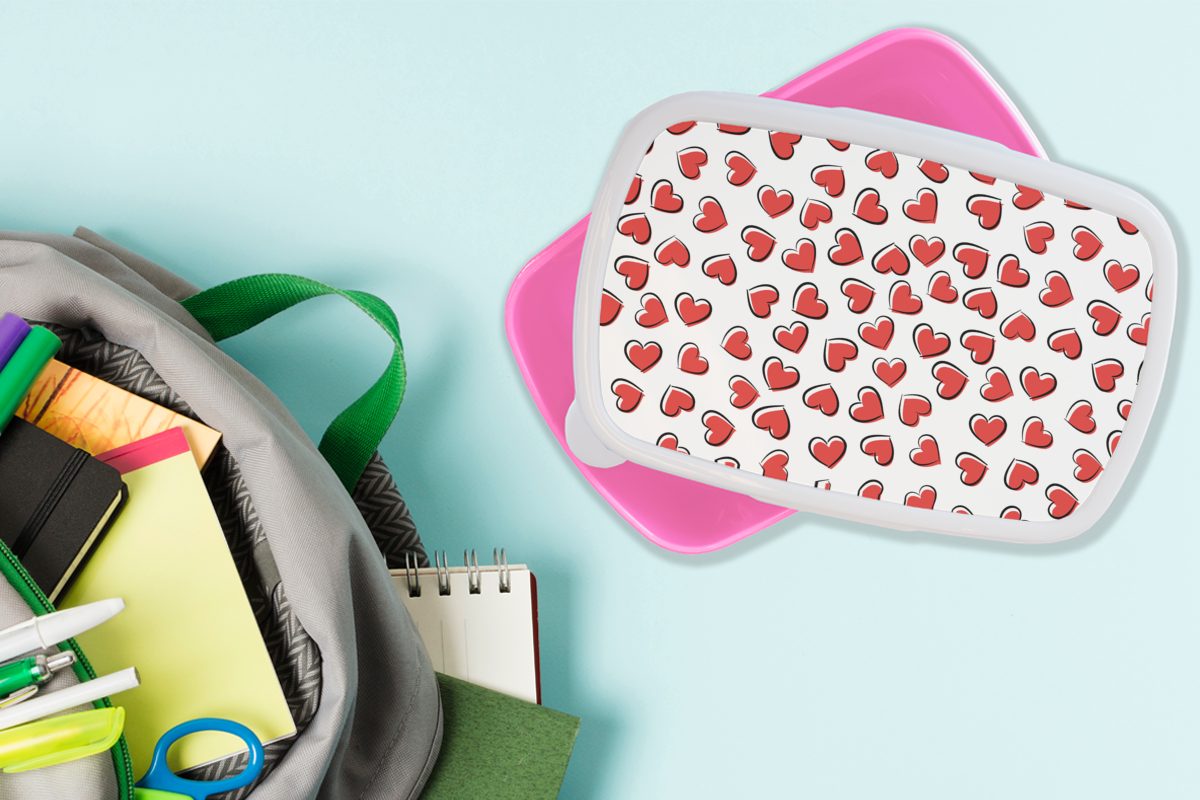 Muster, Brotbox - Kinder, Herz für MuchoWow Kunststoff, Valentinstag Kunststoff rosa - Lunchbox Snackbox, Erwachsene, (2-tlg), Mädchen, Brotdose