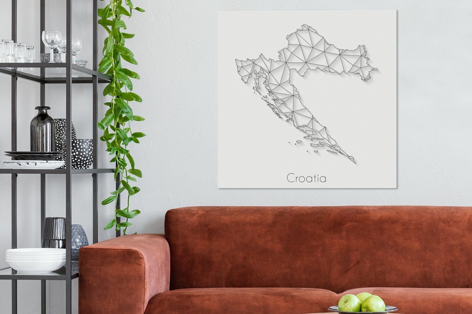 OneMillionCanvasses® Leinwandbild Karte von Kroatien aus Linien in Schwarz und Weiß, (1 St), Leinwandbild fertig bespannt inkl. Zackenaufhänger, Gemälde