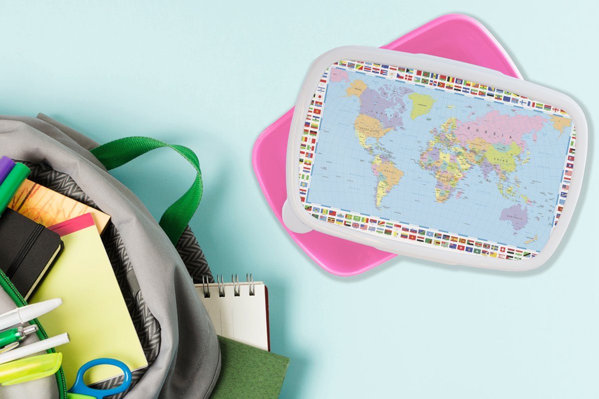MuchoWow Lunchbox Weltkarte - Atlas, für Kunststoff, Brotbox Erwachsene, rosa (2-tlg), Snackbox, Brotdose Kunststoff Kinder, - Flagge Mädchen