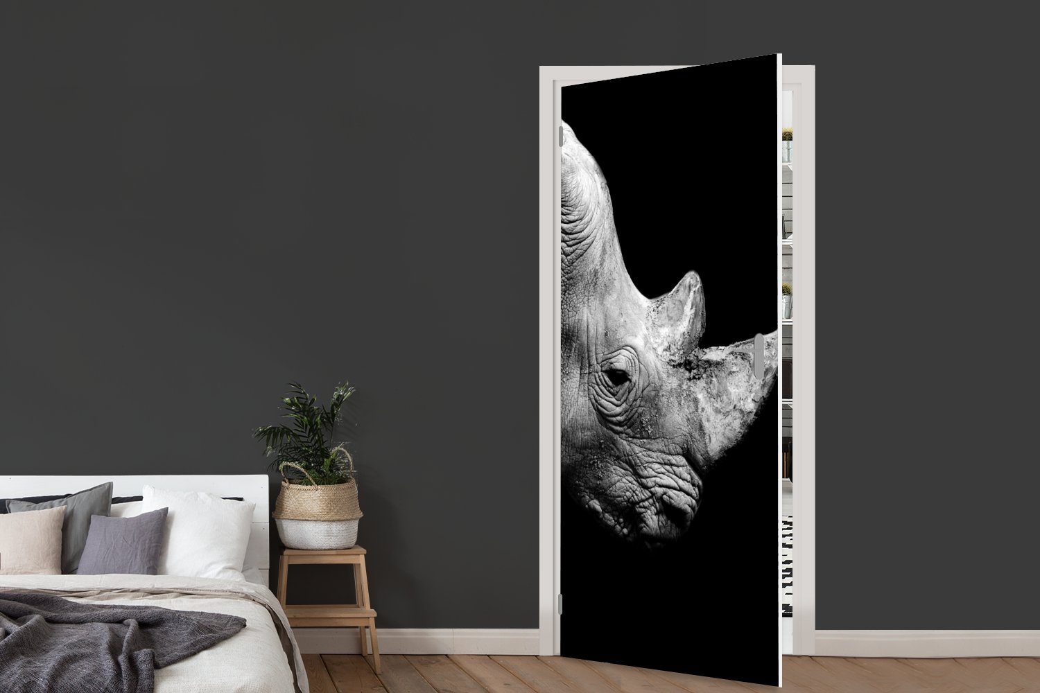 MuchoWow Türtapete Portrait Nashorn für St), schwarzem Tür, Türaufkleber, (1 Hintergrund, bedruckt, Matt, auf Fototapete 75x205 cm