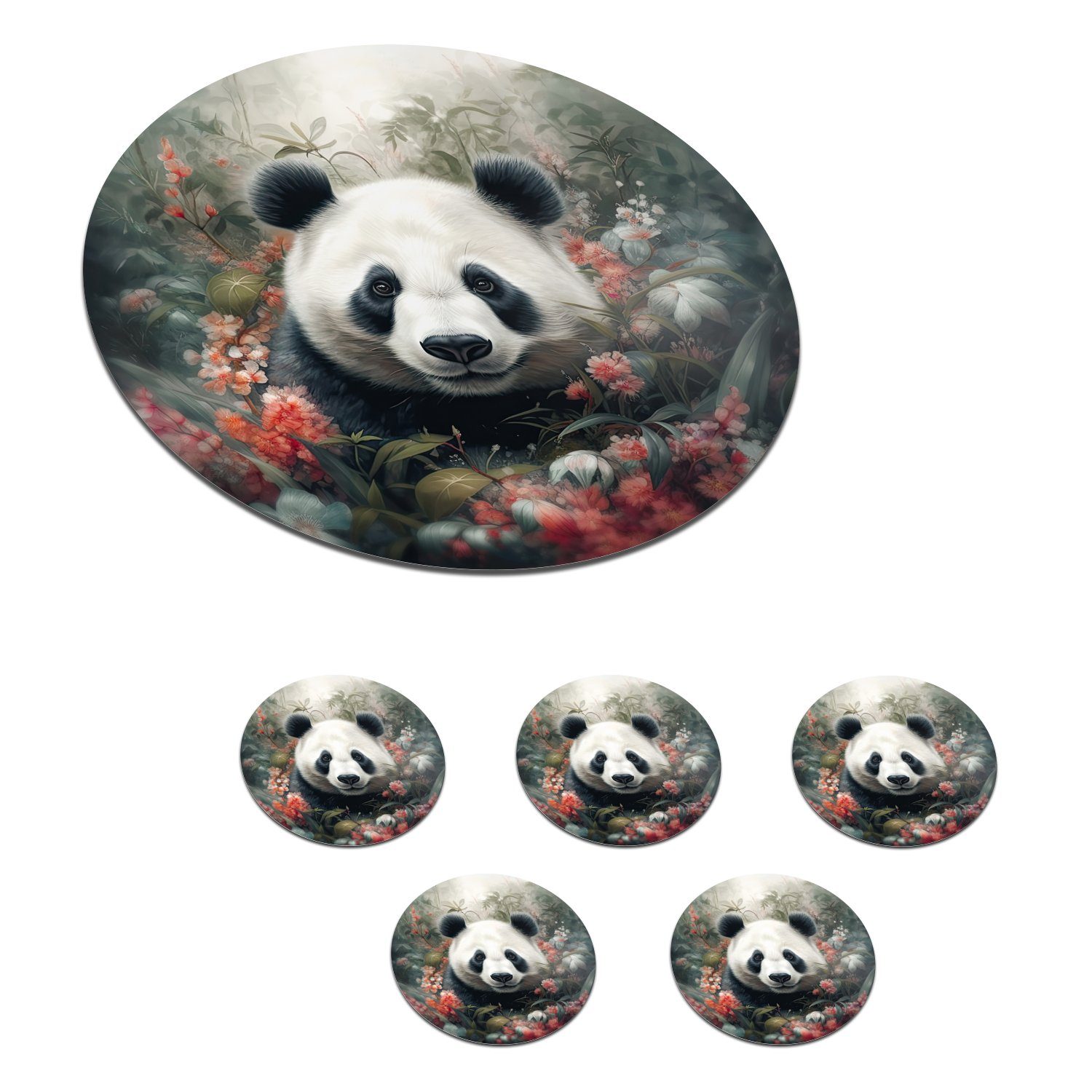 MuchoWow Glasuntersetzer Panda - Wildtiere - Blumen - Natur, Zubehör für Gläser, 6-tlg., Getränkeuntersetzer, Tassenuntersetzer, Korkuntersetzer, Tasse, Becher
