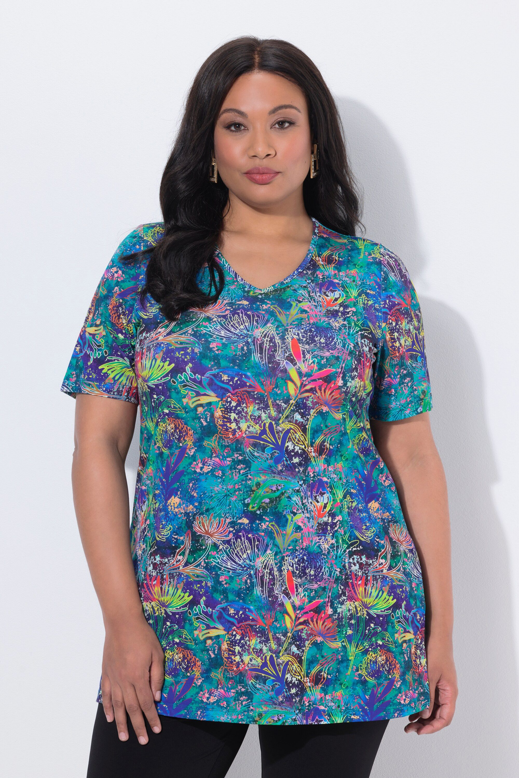 Ulla Popken Longshirt Longshirt A-Linie V-Ausschnitt Halbarm günstig online kaufen