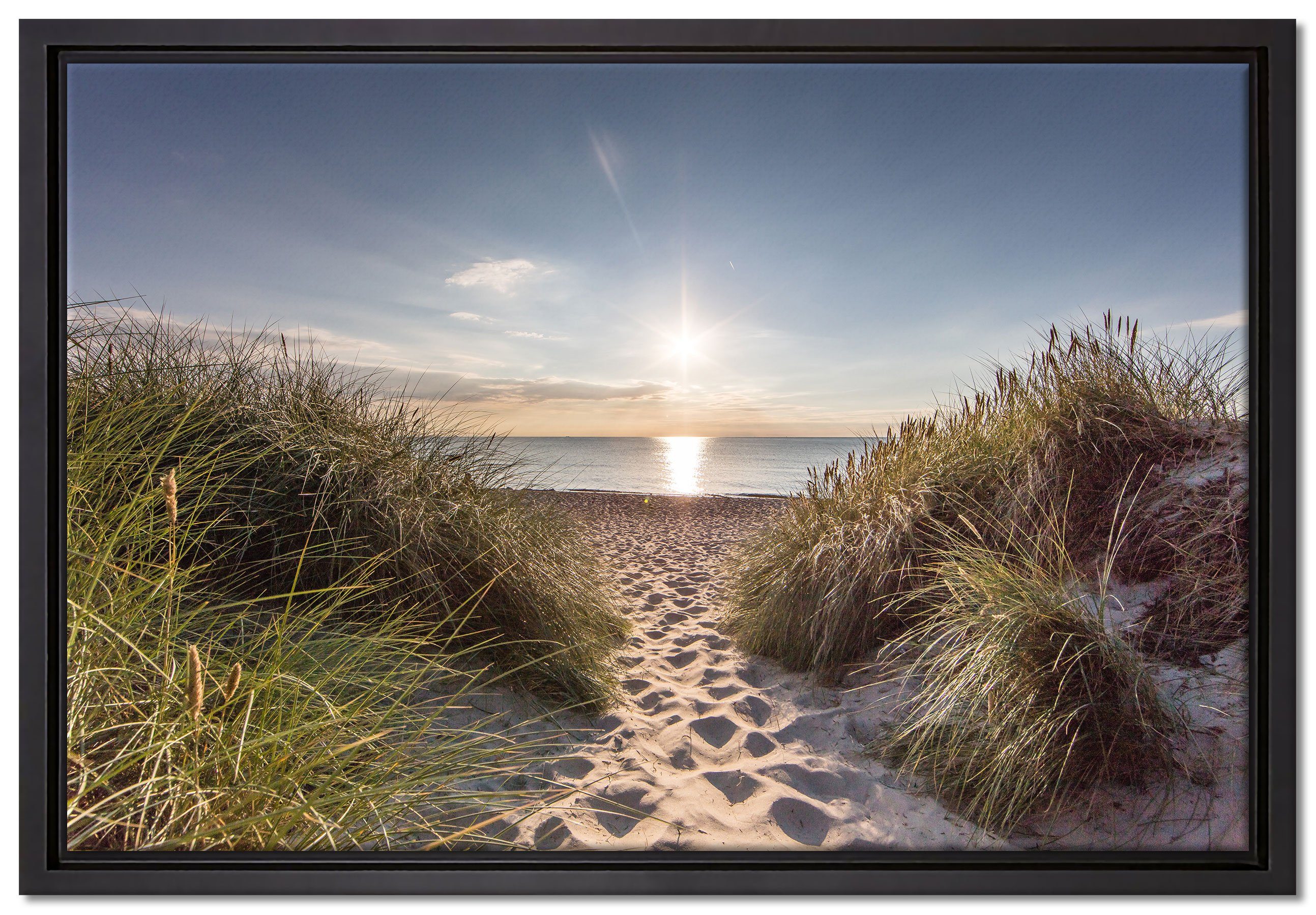 Pixxprint Leinwandbild der Weg ins Meer, Wanddekoration (1 St), Leinwandbild fertig bespannt, in einem Schattenfugen-Bilderrahmen gefasst, inkl. Zackenaufhänger