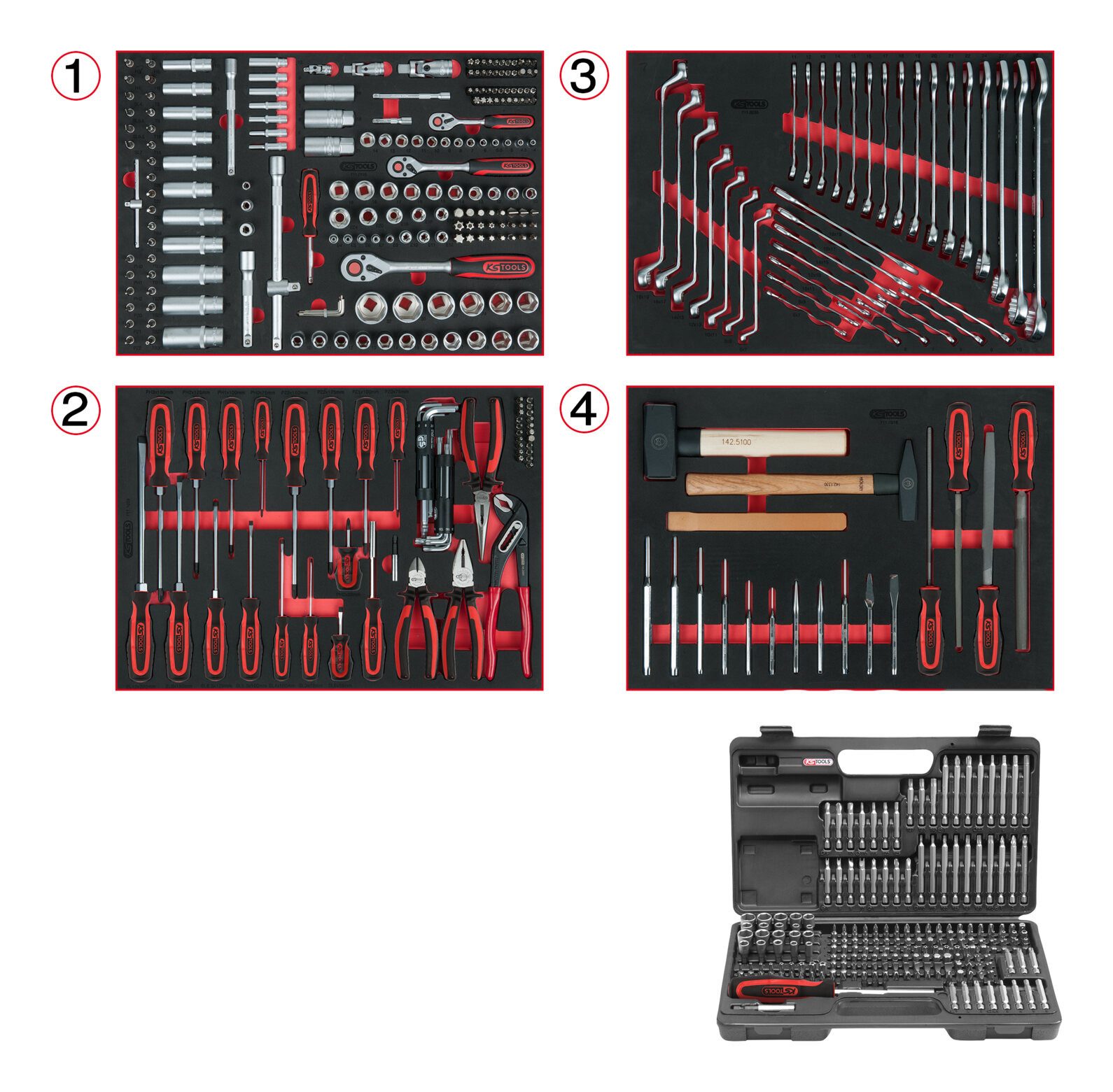 KS Tools Werkzeugwagen, (515-tlg), Universal-Systemeinlagen-Satz f. 4 Schubladen m. 515 Premium