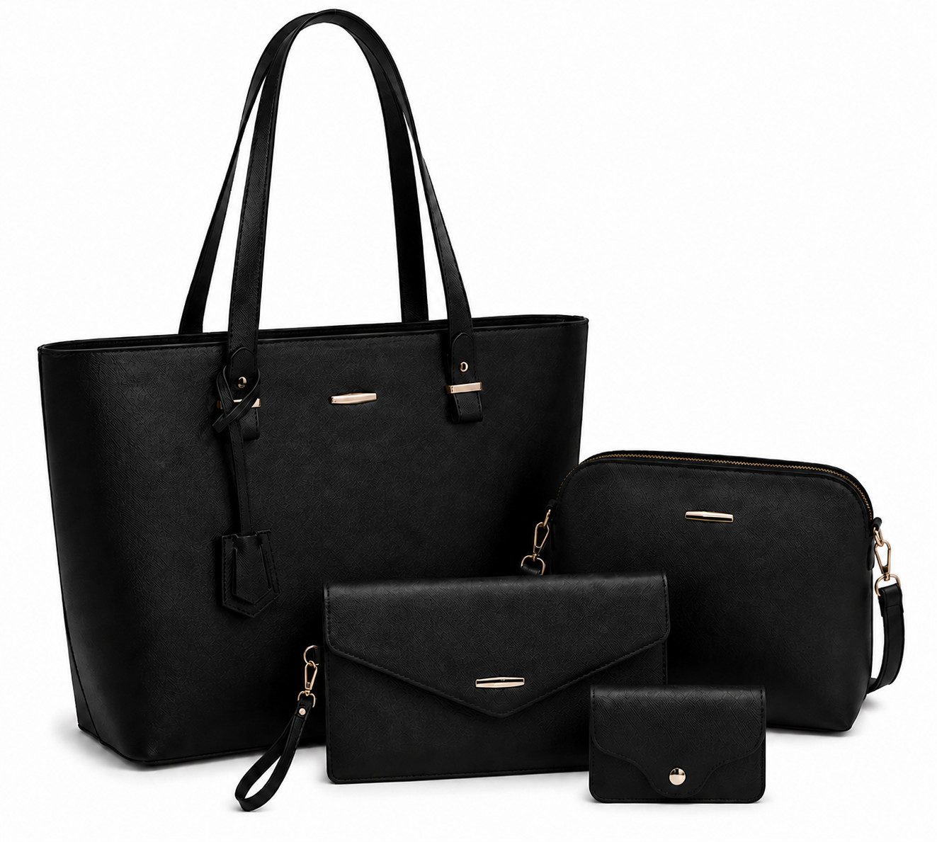 Fyrove Henkeltasche Damen Tasche Set 4-teilig Shopper Handtasche Schultertasche Schwarz (Vielseitiges Taschen Set mit Shopper, Crossbody Tasche, Clutch und Kartenetui, 4-teilig), für Laptop, Handy, Kosmetik und tägliche Essentials