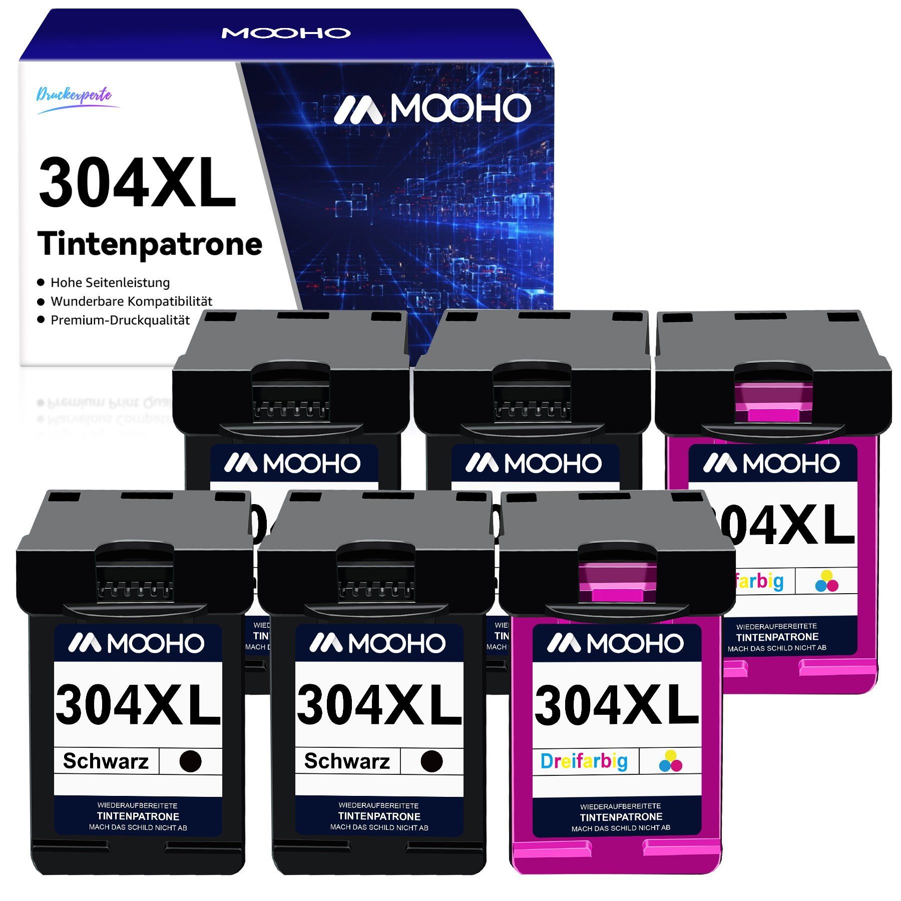 MOOHO Multipack ersetzt für HP 304XL 304 Envy 5010 5020 Tintenpatrone 4*Schwarz+2*Dreifarbig( 6er-pack)