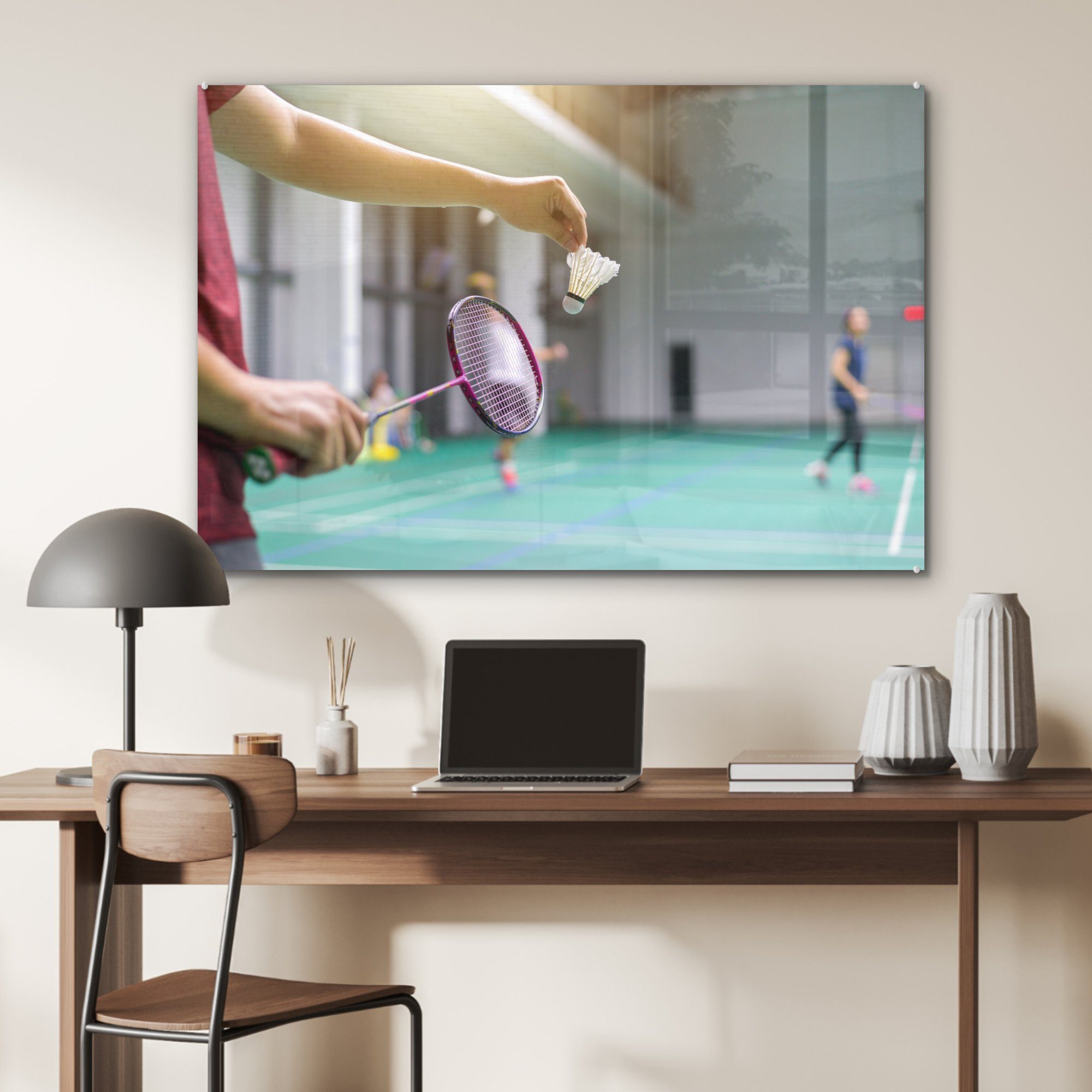 Acrylglasbilder Ein Badminton MuchoWow will, Wohnzimmer St), spielen der & Mann, (1 Acrylglasbild Schlafzimmer