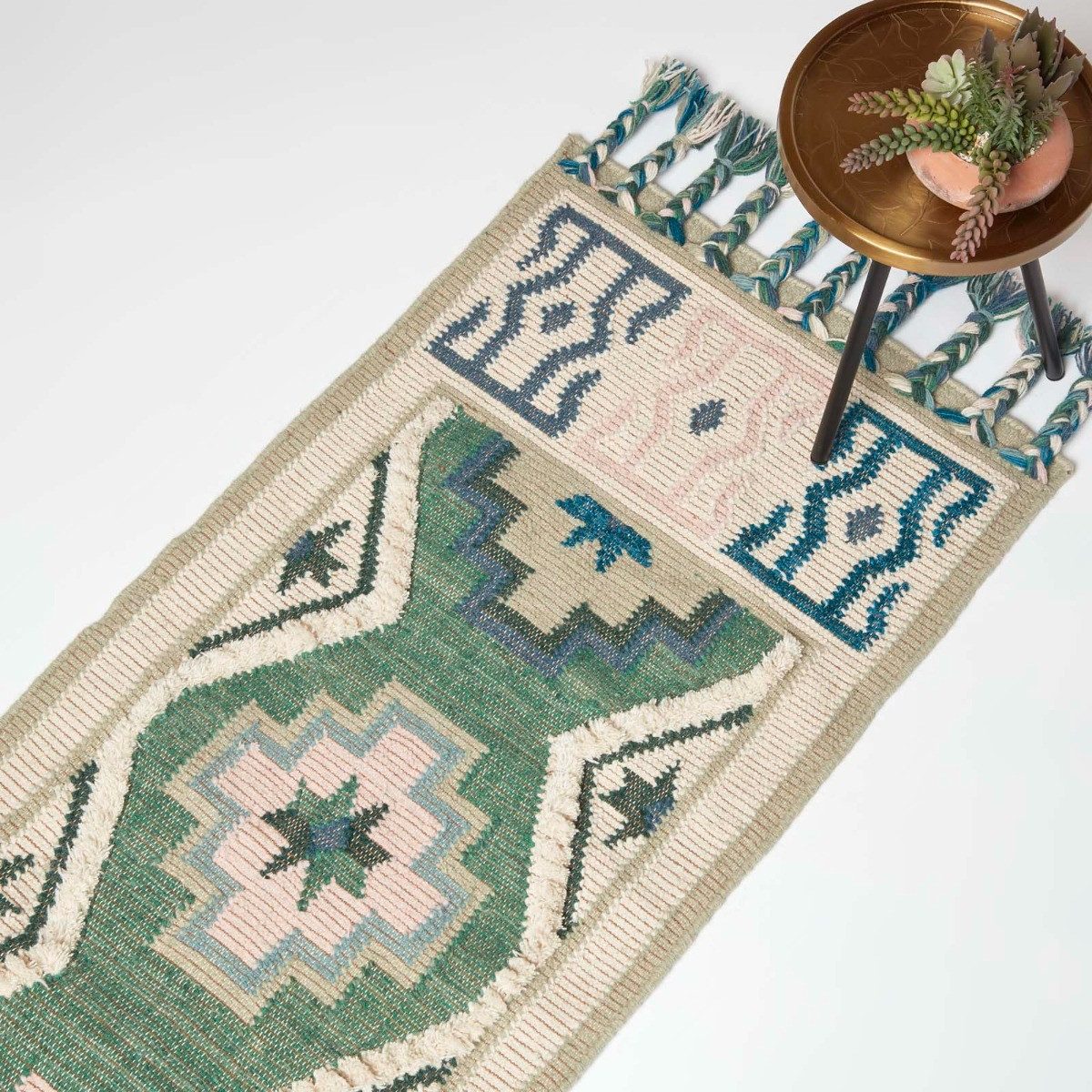 Wollteppich Handgewebter Kelim Läufer Matala – 66 x 200 cm, blau-grün gemustert