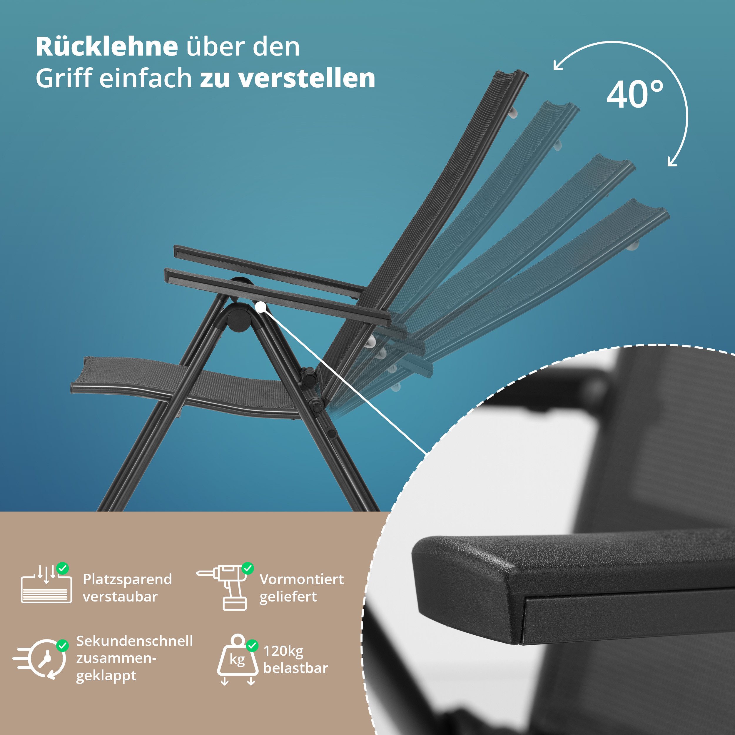 KHG Gartenstuhl Alu Klappstuhl, 8-Fach verstellbare Rückenlehne mit Armlehne (wetterfest, klappbar, rostfrei, vormontiert), wetterfest, klappbar, rostfrei, vorm – Bild 5 von 5