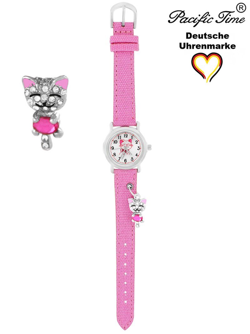 Pacific Time Armbanduhr Versand mit Stoffarmband, Kinder rosa Quarzuhr Katzenanhänger Gratis