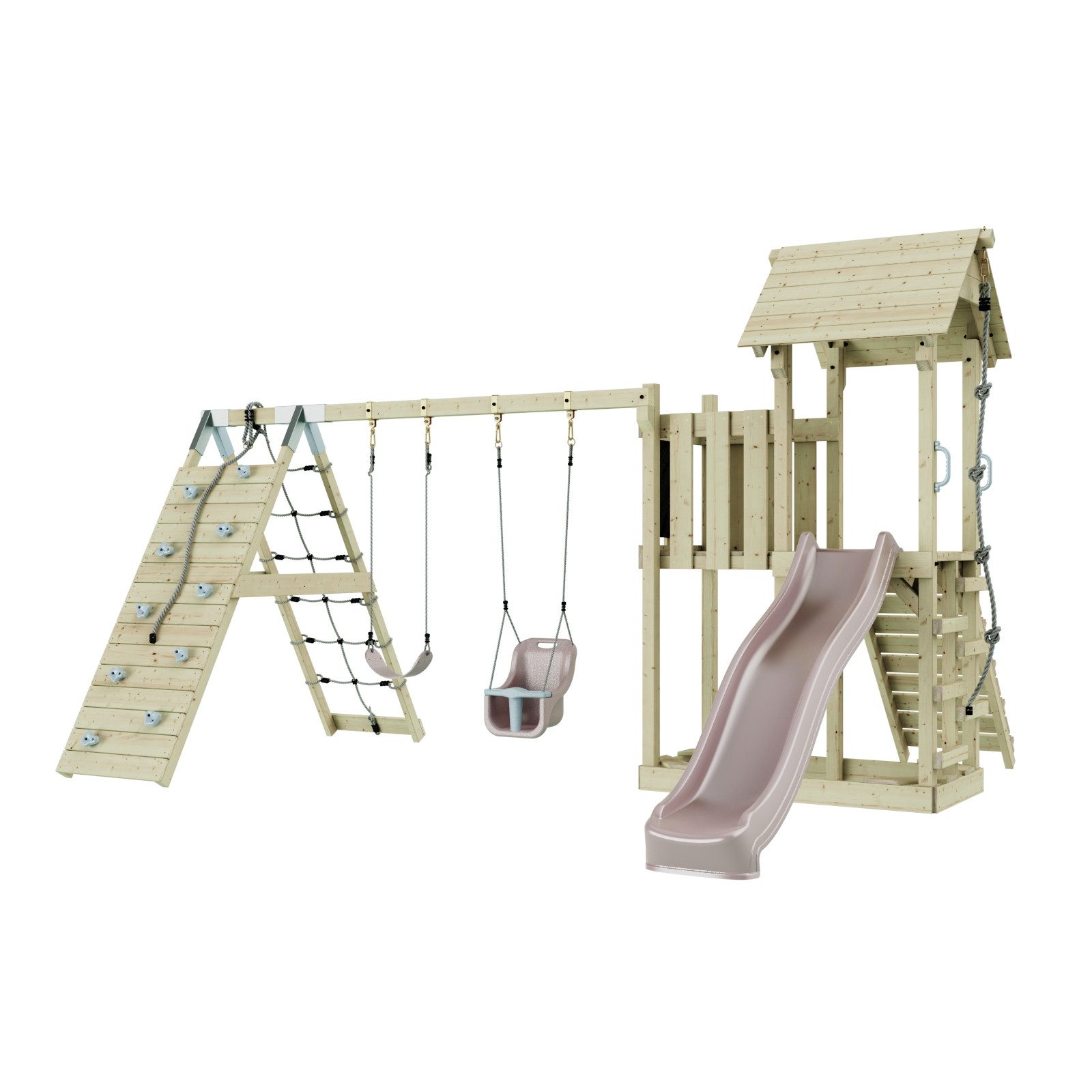 OutdoorToys Spielturm Roskilde aus Holz in Altrosa mit Babyschaukel, aus Holz in Altrosa mit Babyschaukel