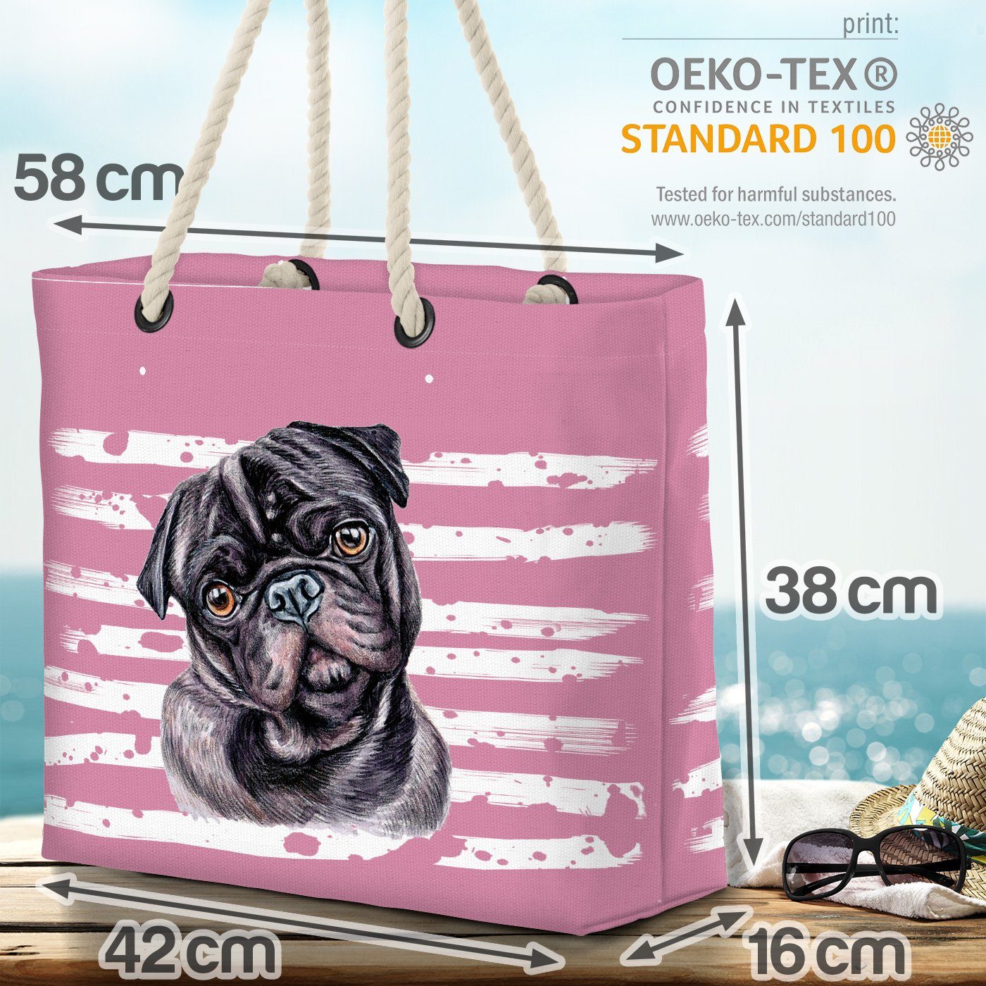 Hund (1-tlg), Haustier Tier Strandtasche Mops Hundebeutel VOID rosa