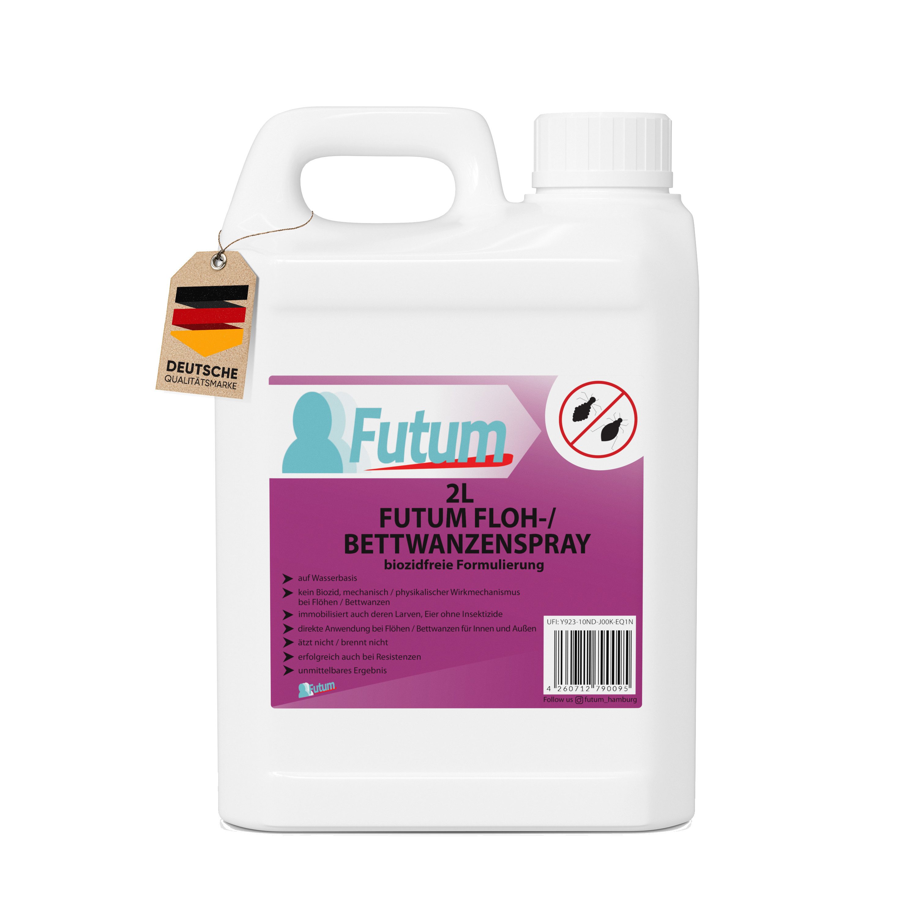 FUTUM Insektenspray Anti-Bettwanzen-Spray Floh-Mittel Ungeziefer-Spray, 2 l, auf Wasserbasis, geruchsarm, brennt / ätzt nicht, biozidfreie Formel