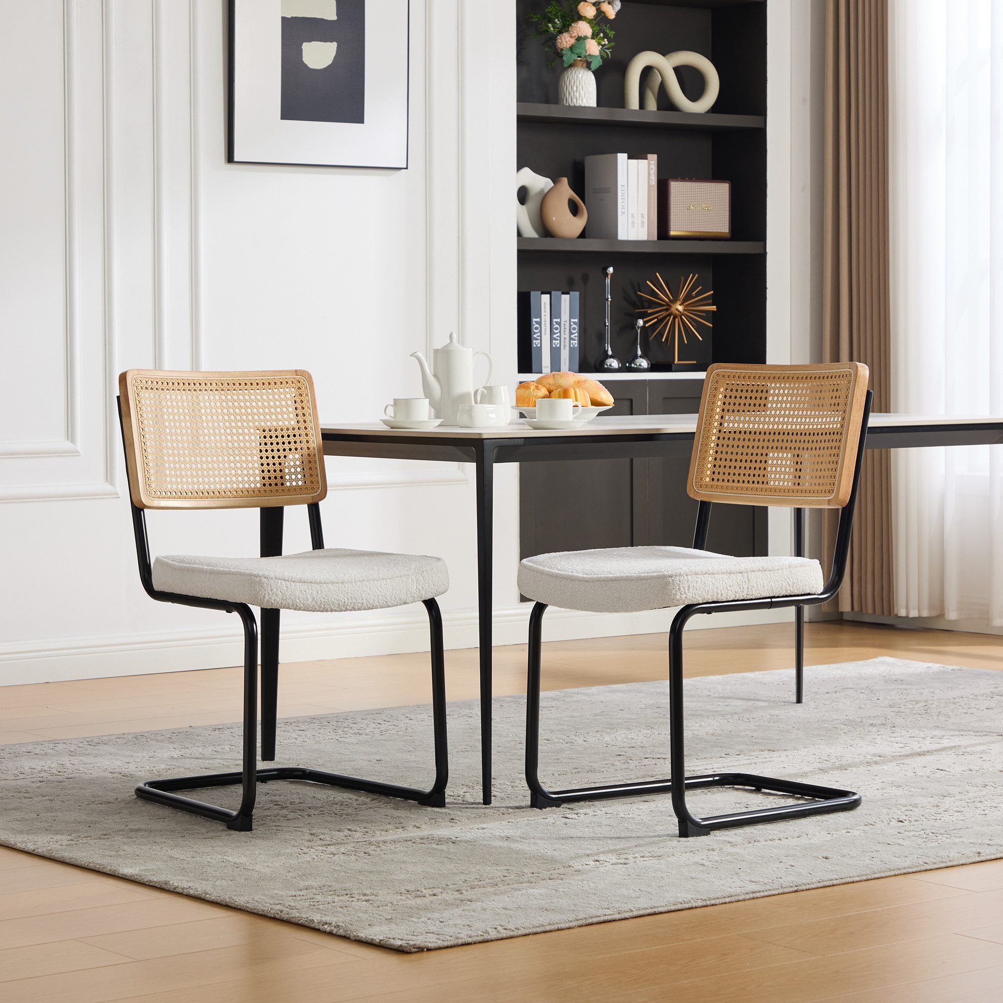 STILVORA Esszimmerstuhl Polstersessel mit schwarzem Metallgestell (Metallgestell, Rattan-Rücken, Chenillepolster, Industrial Design), für Esszimmer, Küche, Wohnzimmer, Bar und Restaurant