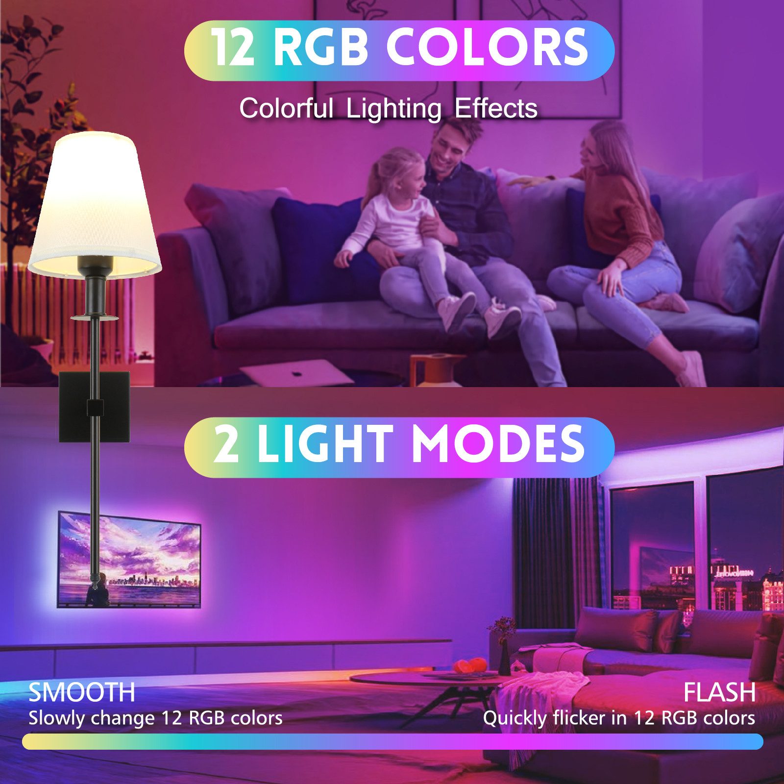 POPOLIC Wandleuchte Aufladbare Wandleuchten, Set mit 2 kabellosen Wandlampen, dimmbare, für Schlafzimmer, mit Fernbedienung, 12 RGB Farben, Timer-Funktion