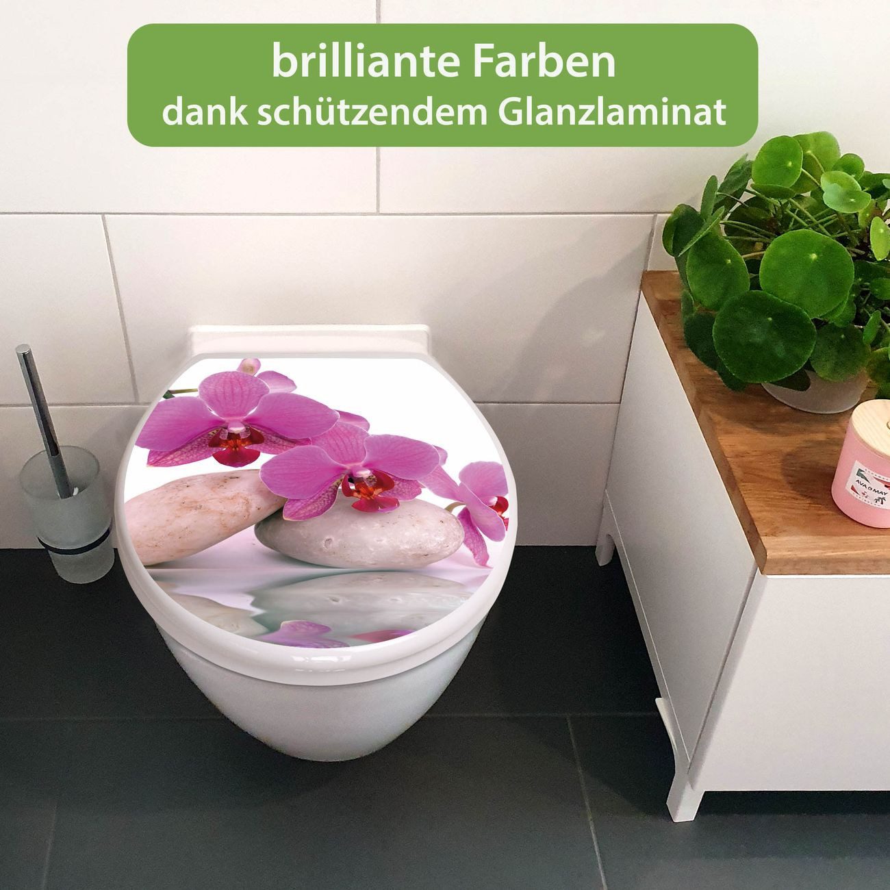 banjado WC-Sitz mit Absenkautomatik Motiv Orchidee (umweltfreundliches Material, integrierte Scharniere), 44,5 x 37 x 5 cm