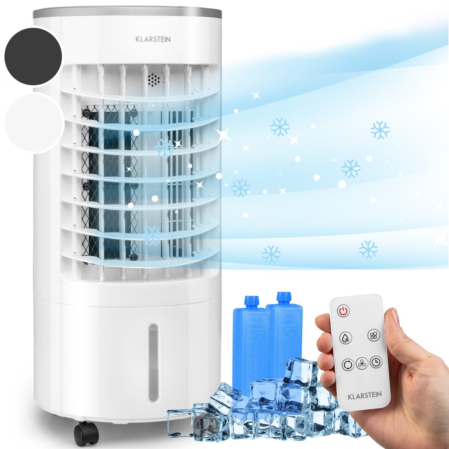 Klarstein Ventilatorkombigerät Skypillar 3-in-1 Luftkühler, mit Wasserkühlung & Eis mobil Klimagerät ohne Abluftschlauch Weiß