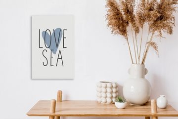 OneMillionCanvasses® Leinwandbild Illustration mit einem blauen Herz und dem Zitat "Love sea"., (1 St), Leinwandbild fertig bespannt inkl. Zackenaufhänger, Gemälde, 20x30 cm