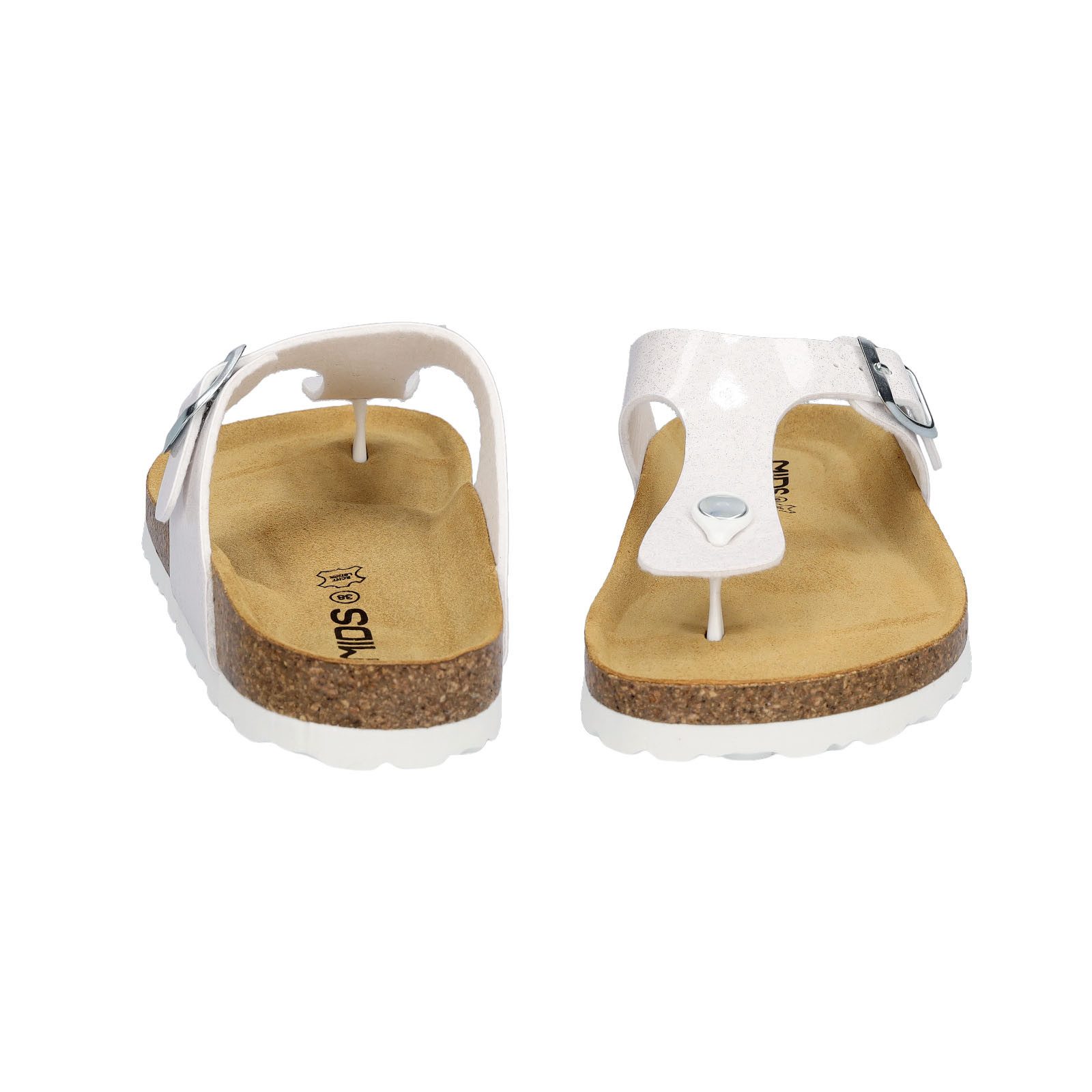 MIDS MIA Damen Pantolette weiß Glitzer, Zehentrenner mit Lederfußbett, Schnalle und Korksohle