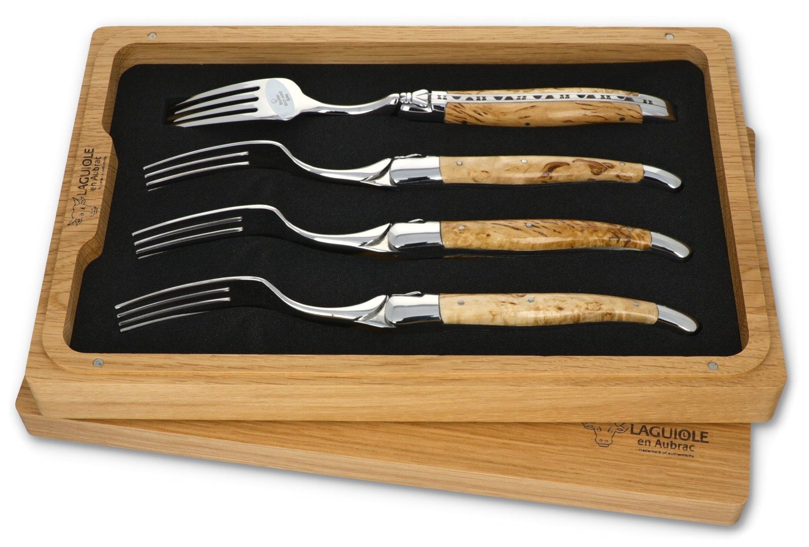 Laguiole en Aubrac Steakbesteck 42F99BHIH BRI, 4 Gabeln - Griff Birkenholz - Backen und Gabelteil Stahl glänzend