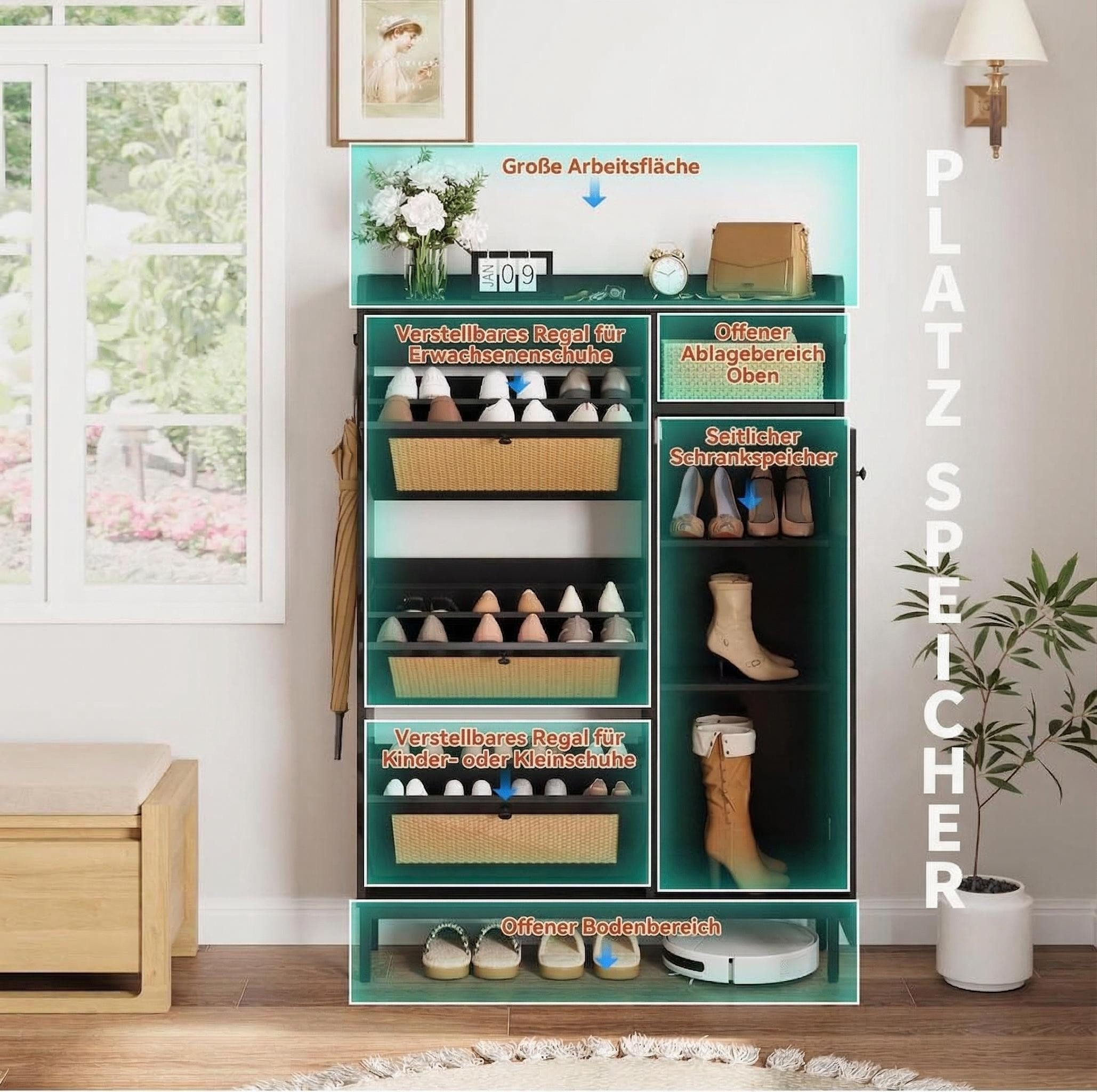 GarveeMore Schuhschrank aus Rattan mit 3 Klappschubladen und 4-stufiger Schuhschrank Schuhschrank mit verstellbaren Regalen für Eingang,Flur,Wohnzimmer – Bild 4 von 5