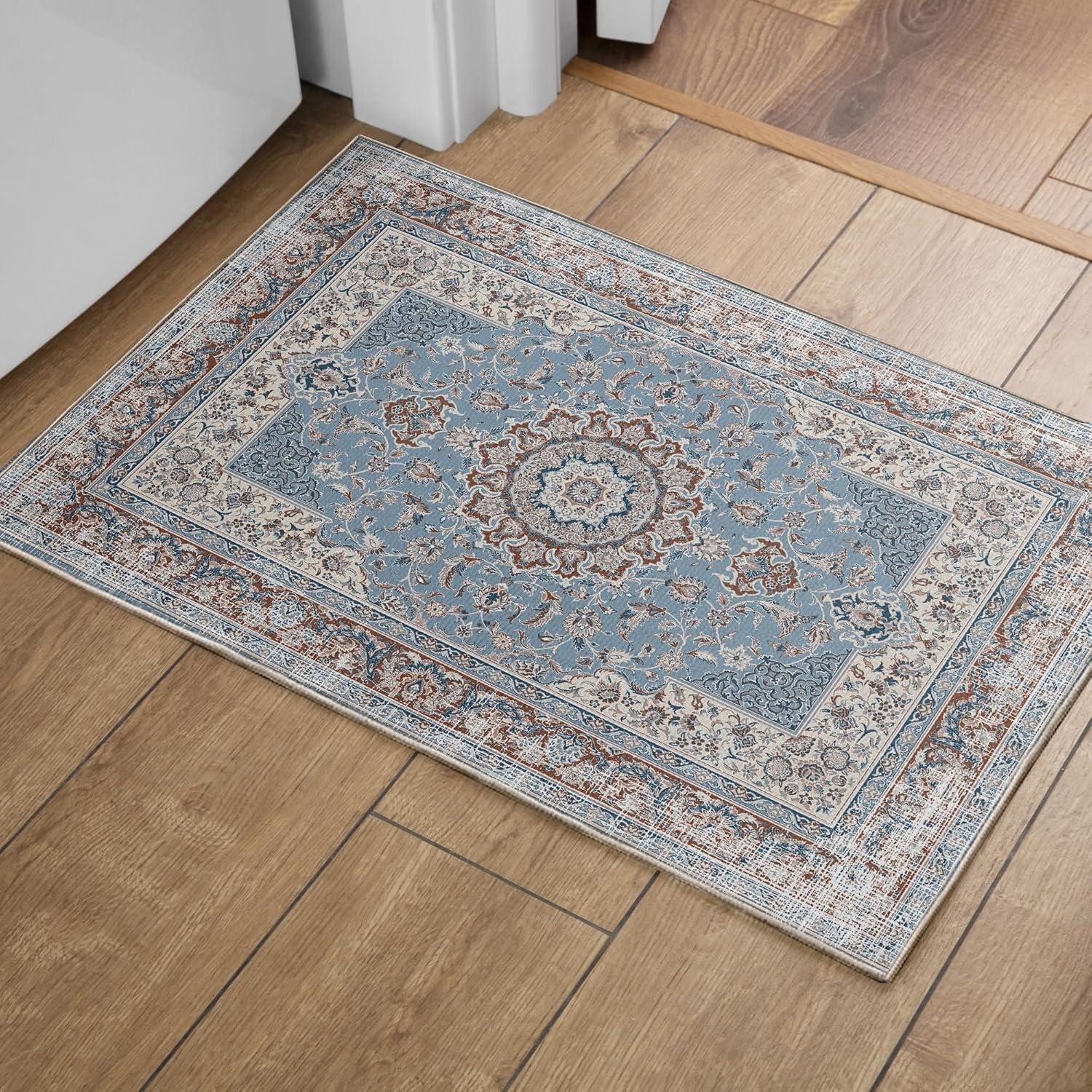 Orientteppich Teppich Wohnzimmer Waschbar Orientalisch Blau 60x130CM Schlafzimmer