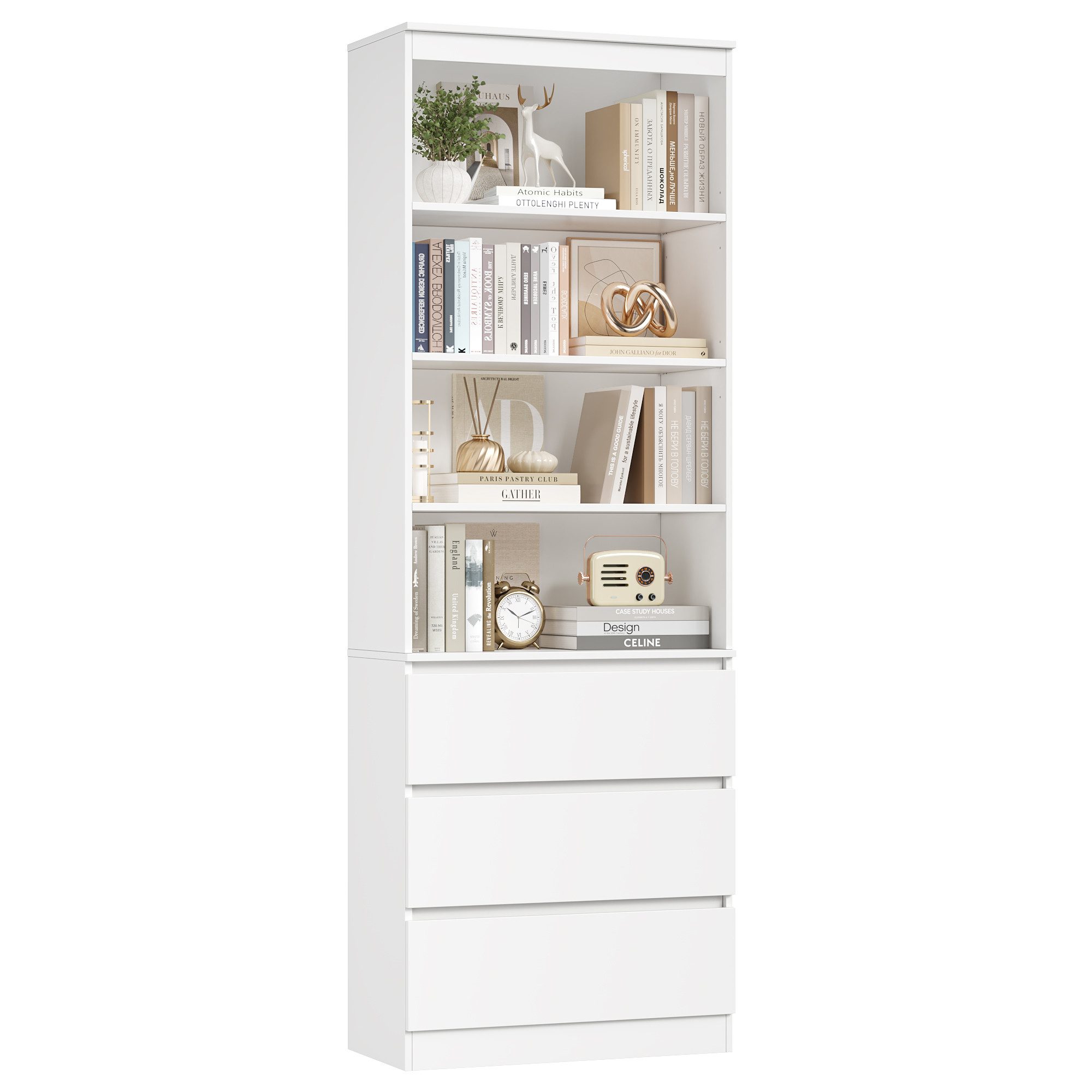 Homfa Bücherregal Hochschrank Standregal Bücherschrank Raumteiler, mit 4 Fächern und 3 Schubladen, 60x35x202cm