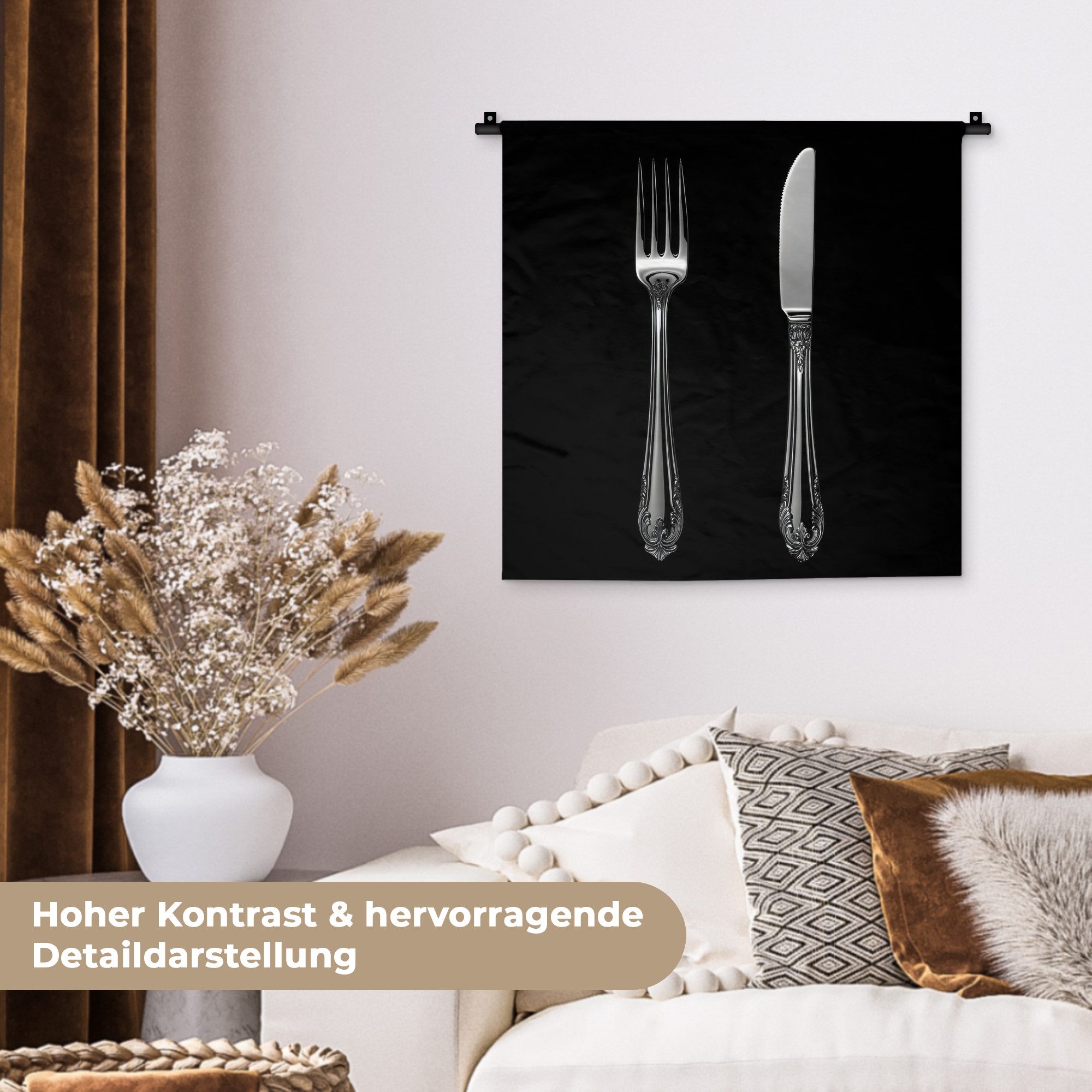 MuchoWow Wandteppich Gabel - Messer - Silber, Quadratisch, Höhe: 3 mm, Wand Teppich, Deko für an den Wand, 60x60 cm