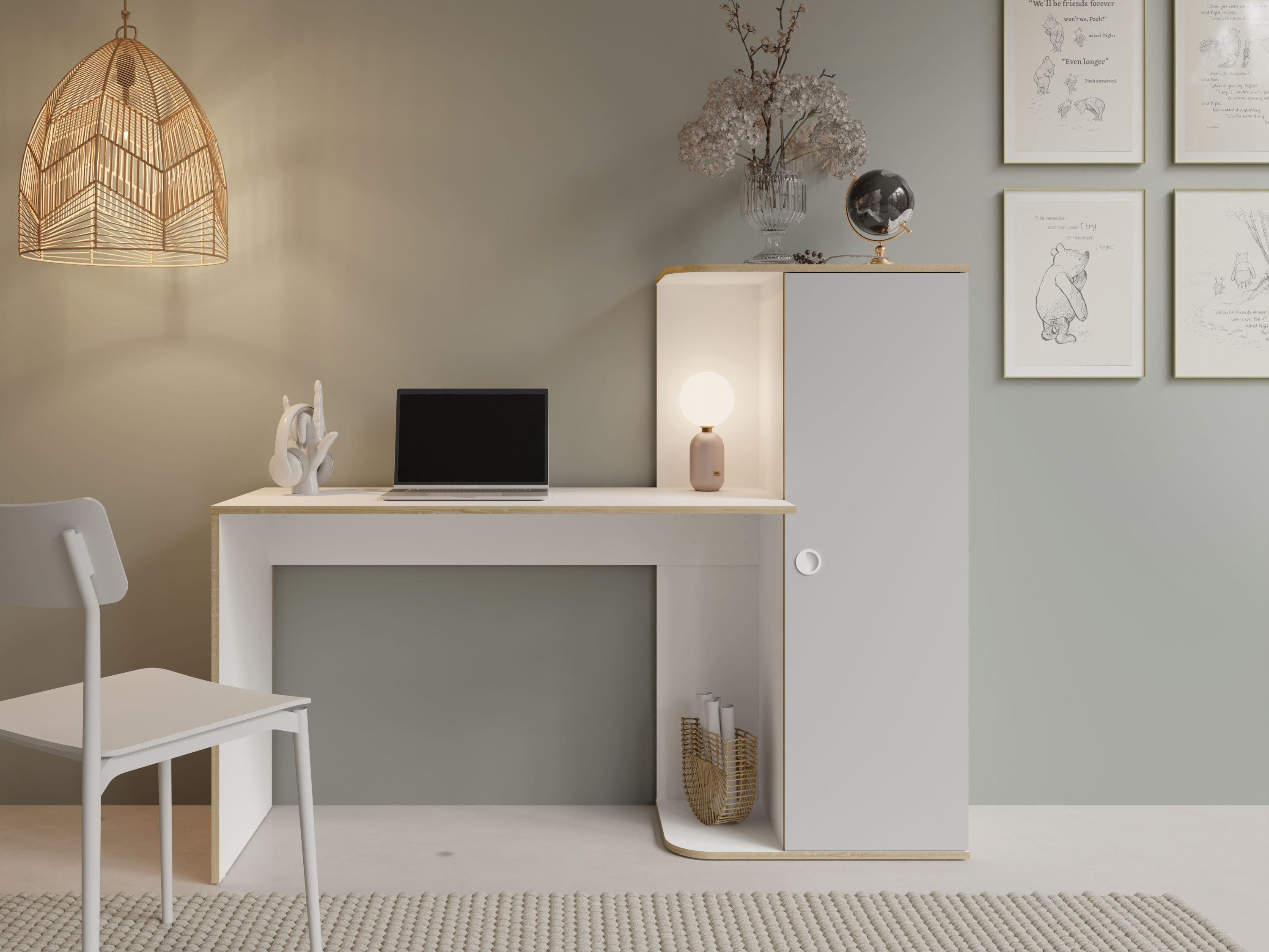 Raumhirsch Furniture Schreibtisch Arbeitstisch, Computertisch, funktional Bürotisch (Maße: 160,2 x 128,7 x 53,3 cm (4 Regalfächer, Schrank), ideal für Desktop Computer, stabile Bauweise, große Arbeitsfläche
