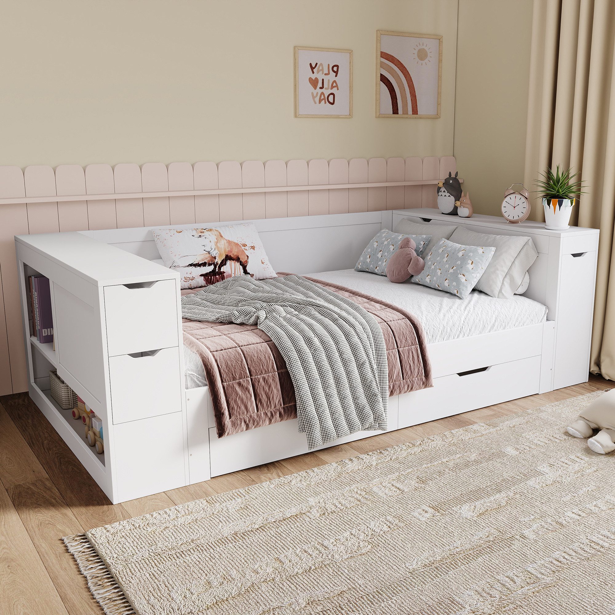 BlingBin Kinderbett Multifunktionales Einzelbett Jugendbett Massivholzbett Stauraumbett (Kinderbett mit Schubladen, Regalen und Stauraum, mit Nachttisch, 1-tlg., 90 x 200 cm, Ohne Matratze, Belastbarkeit maximal: 200KG), Bettgestell für Schlafzimmer Kinderzimmer, MDF, Weiß