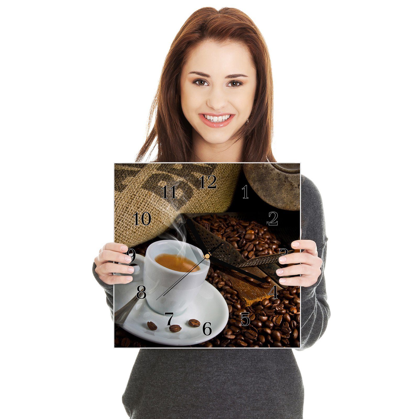 mit 30 Motiv cm Kaffeetasse Größe und Kaffeebohnen Primedeco x Wanduhr Glasuhr 30 Wandkunst Wanduhr