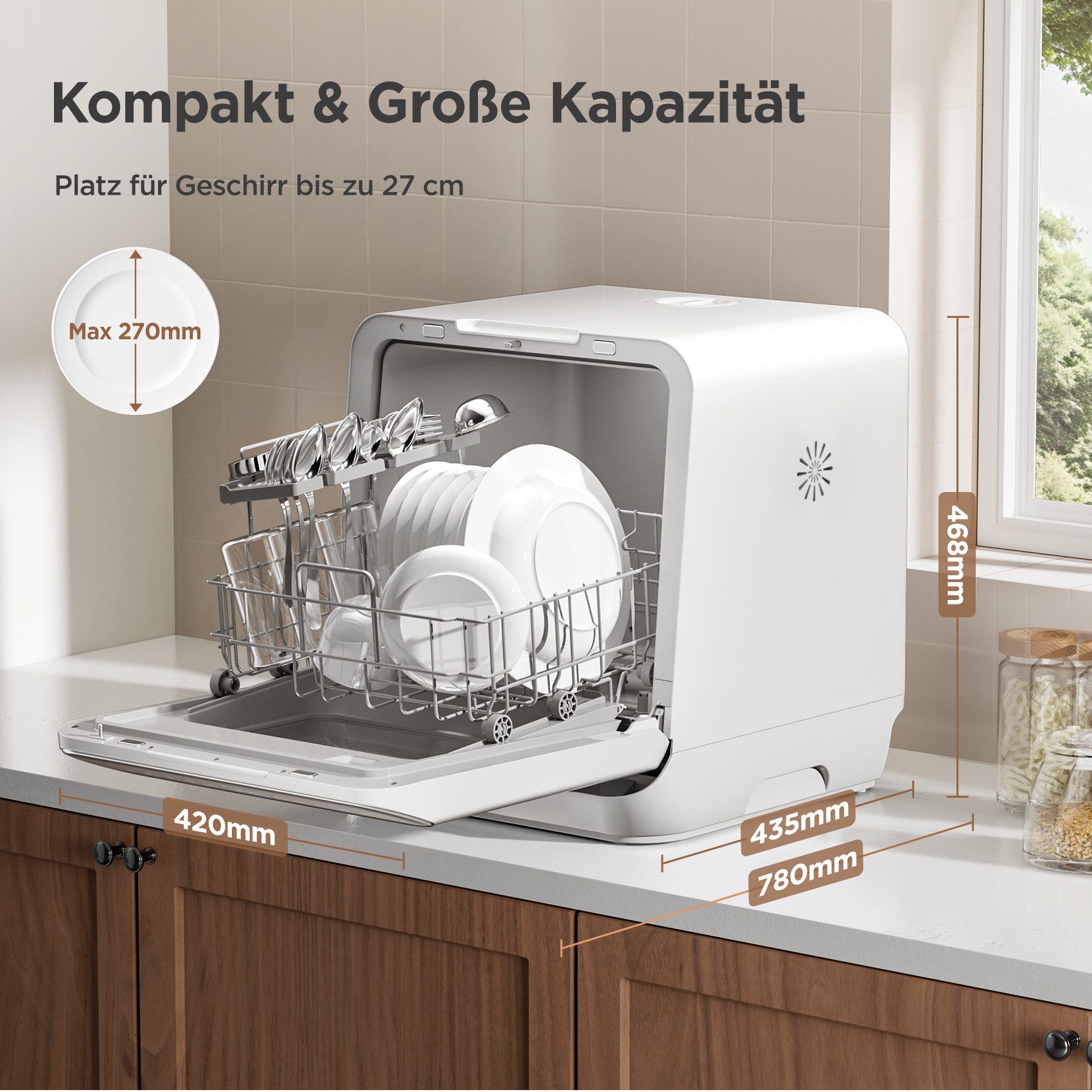 Midea Tischgeschirrspüler MDWMT0305EW-WE, 3 Maßgedecke, mit/ohne Festwasseranschluss, Automatischer Türöffner, IOT
