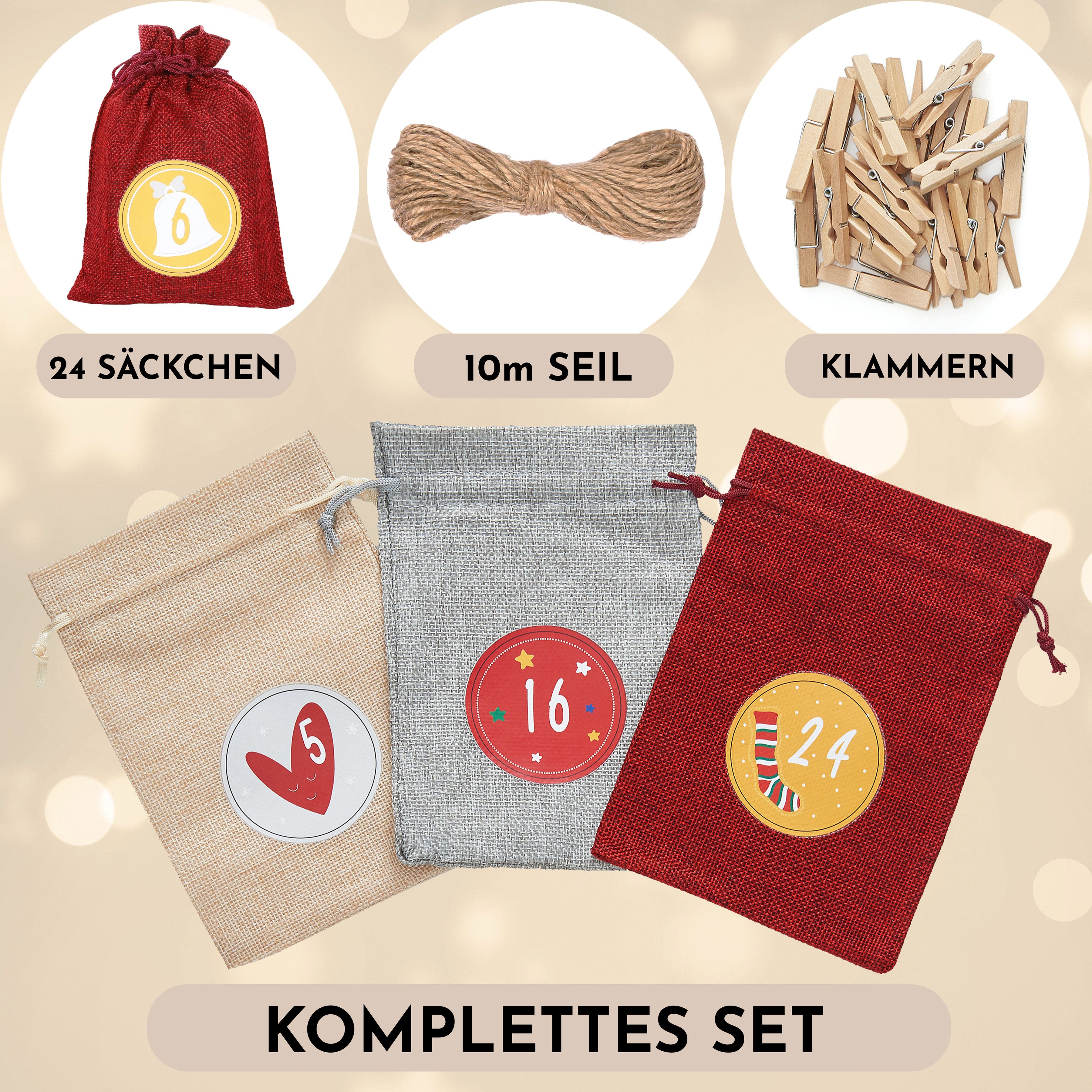 Nordstern befüllbarer Adventskalender 24 große Jutesäckchen mit Schnur und Klammern, DIY Weihnachtskalender Beutel für Kinder
