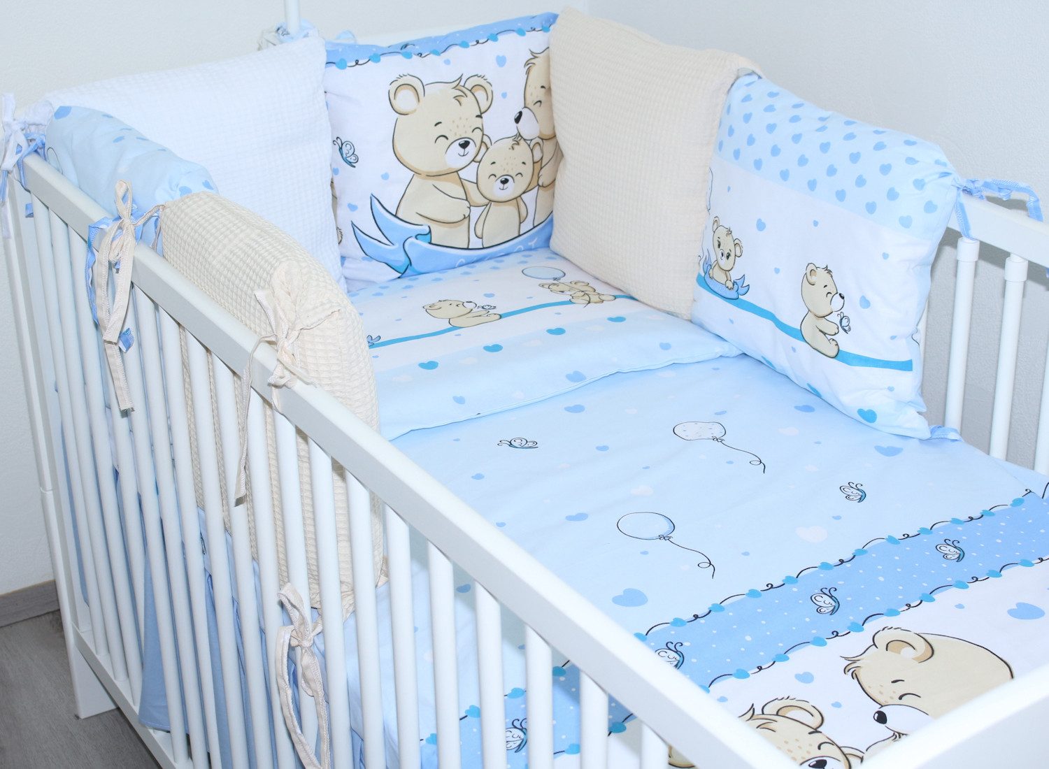 Primawela Babybettwäsche Bettwäsche Waffelpiqué Baby Bettset Kissen -Nestchen Chiffon Himmel, 5 teilig