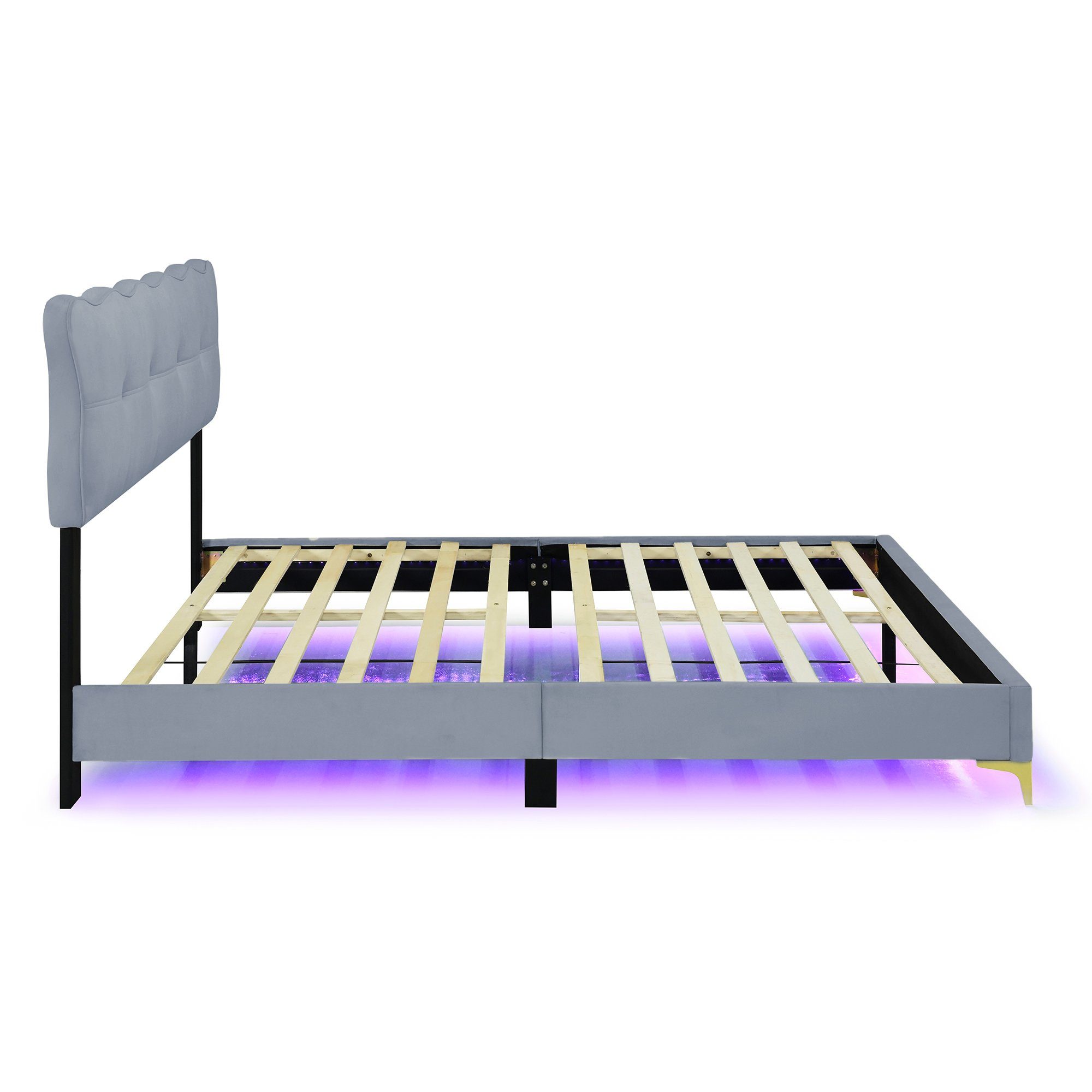 Polsterbett, LED Doppelbett mit gepolstertem Kopf- & Fußteil, Samtstoff, 160x200cm