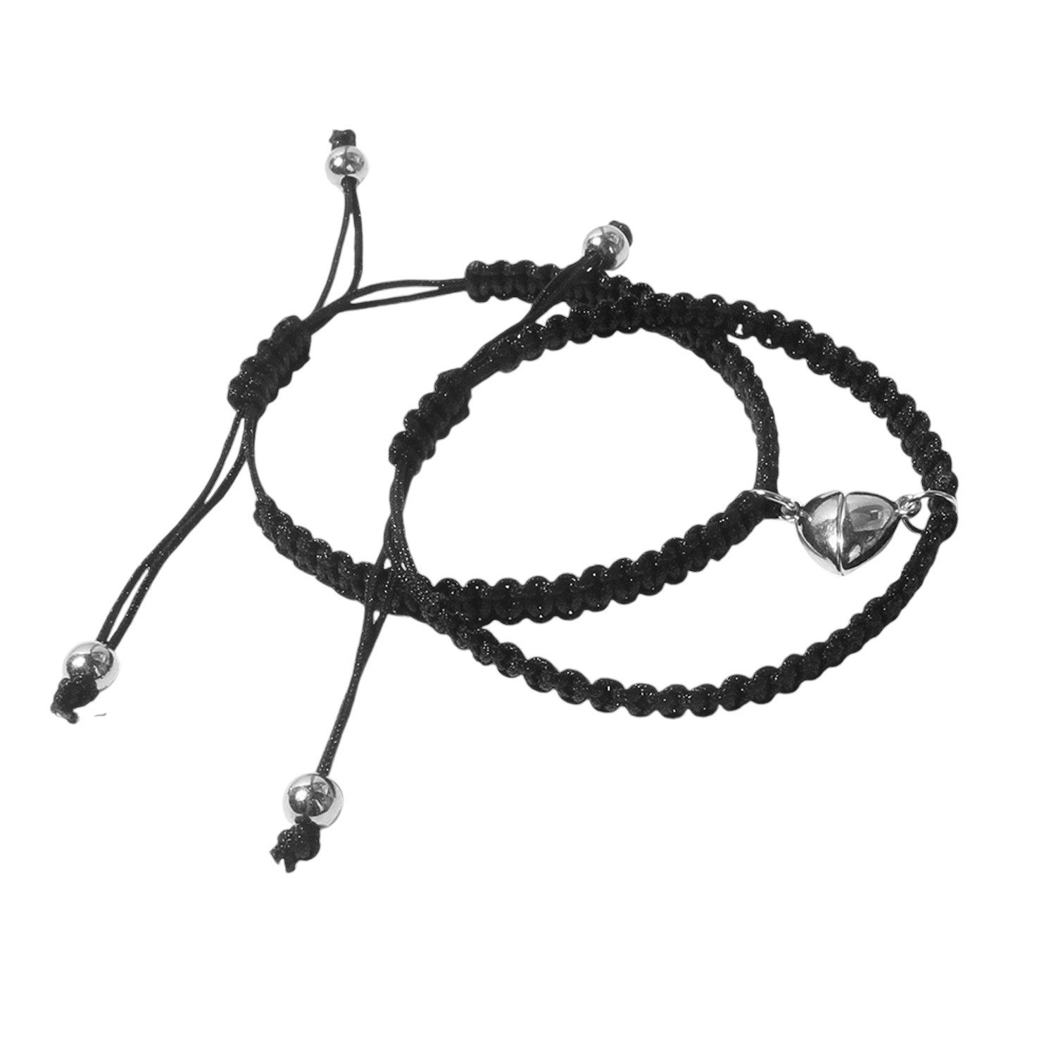 KARMA Freundschaftsarmband 2er Set Freundschaftsarmbänder Herz Schwarz Metall Stoff (Schiebeknoten Schiebearmband Stoffarmband modern, Magnetisch Damenarmband Herrenarmband Geschenk für Sie Ihn), Armband Freunde Partner Unisex Partnerarmbänder
