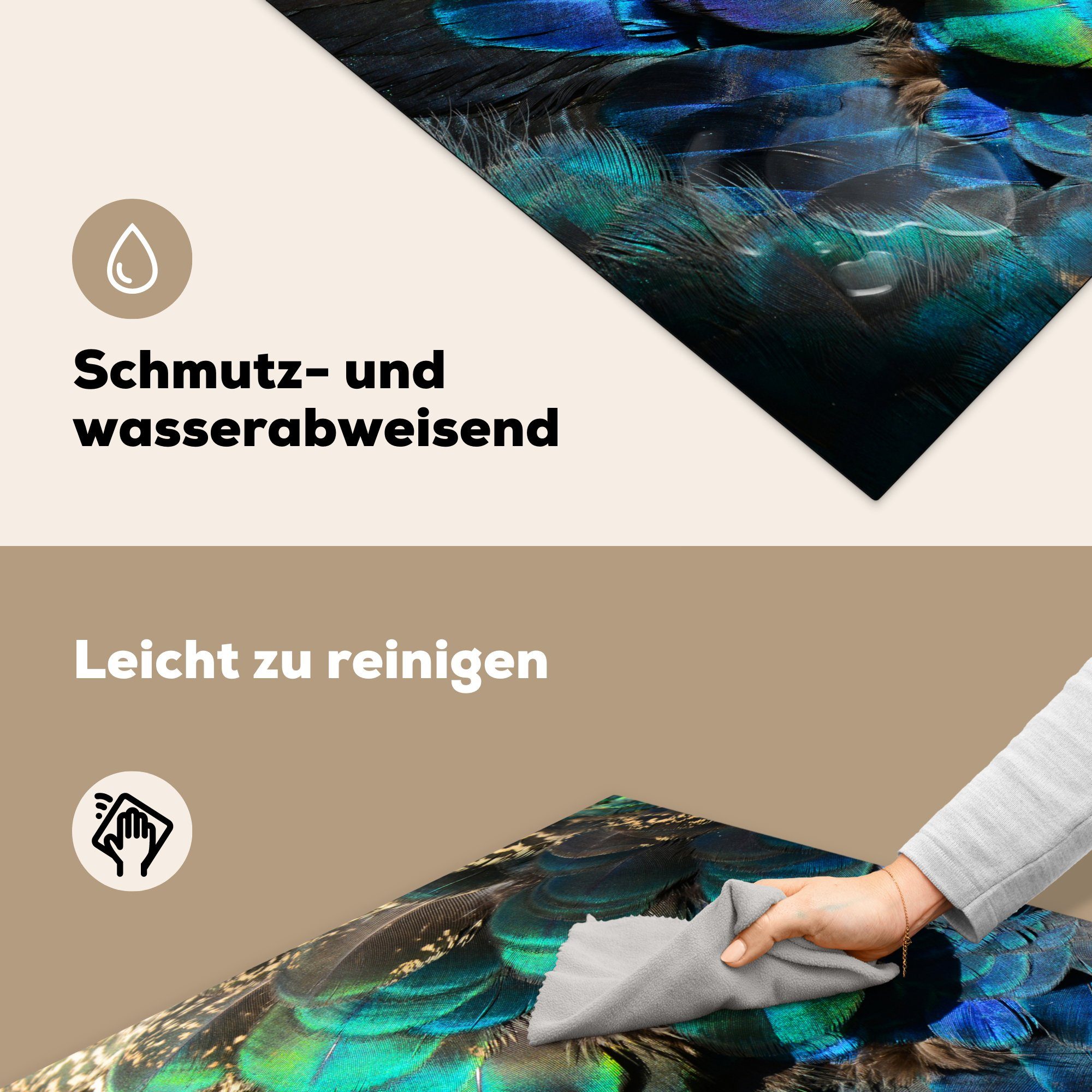 Ceranfeldabdeckung, - MuchoWow (1 78x78 Herdblende-/Abdeckplatte Federn Arbeitsplatte Blau Grün, cm, küche Vinyl, für tlg), -