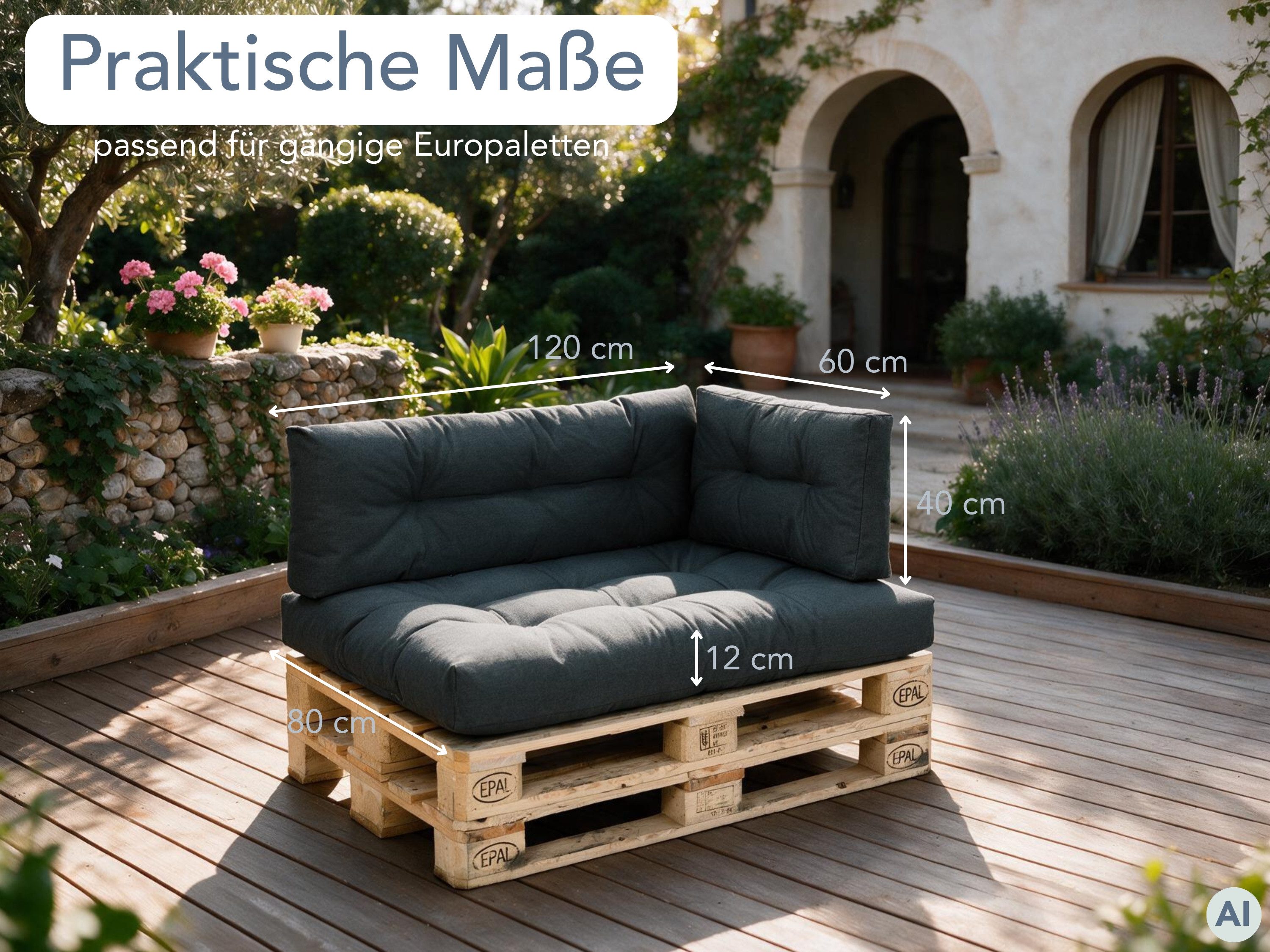 XDREAM Palettenkissen Sitzkissen, Rückenkissen und Seitenkissen (Einzeln oder als Set), passend für handelsübliche Europaletten/ Indoor & Outdoor geeignet – Bild 2 von 5