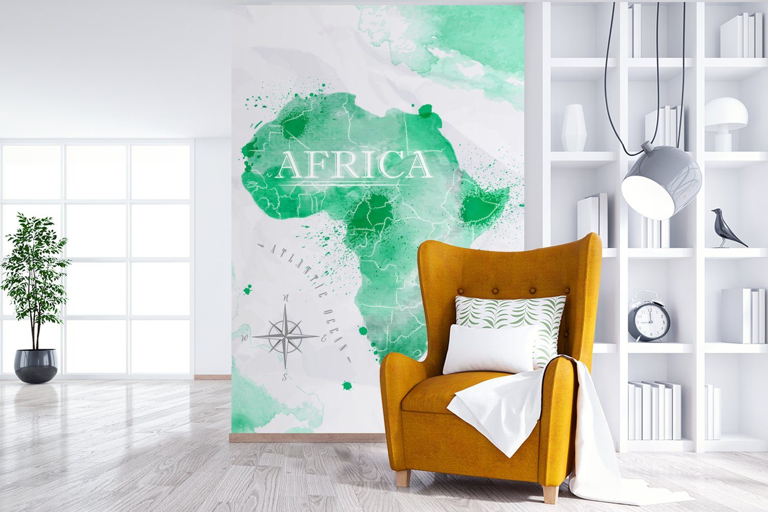 MuchoWow Fototapete Afrika - Tapete Matt, Vinyl Wohnzimmer, Montagefertig - (3 Wandtapete bedruckt, St), Aquarell, Weltkarte für