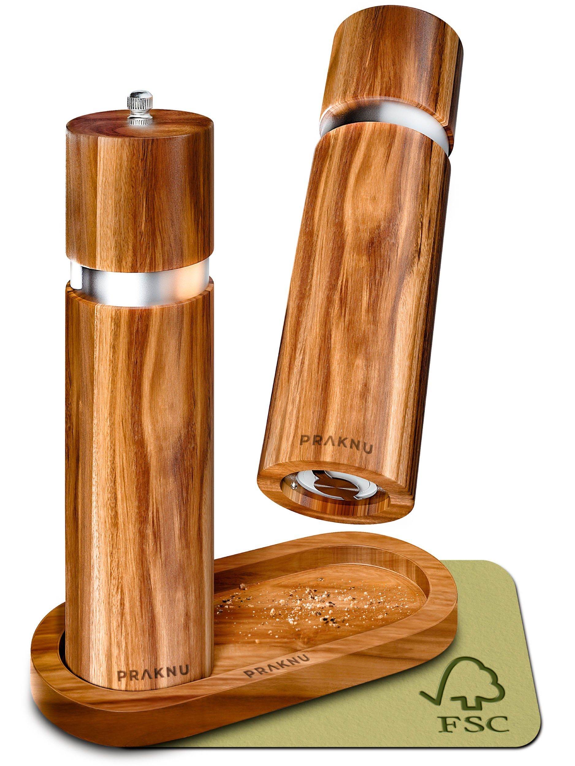 Praknu Gewürzmühle Salz- und Pfeffermühle aus Akazienholz manuell,  Nachhaltiges FSC Holz - Langlebiges Keramikmahlwerk - Plastikfrei
