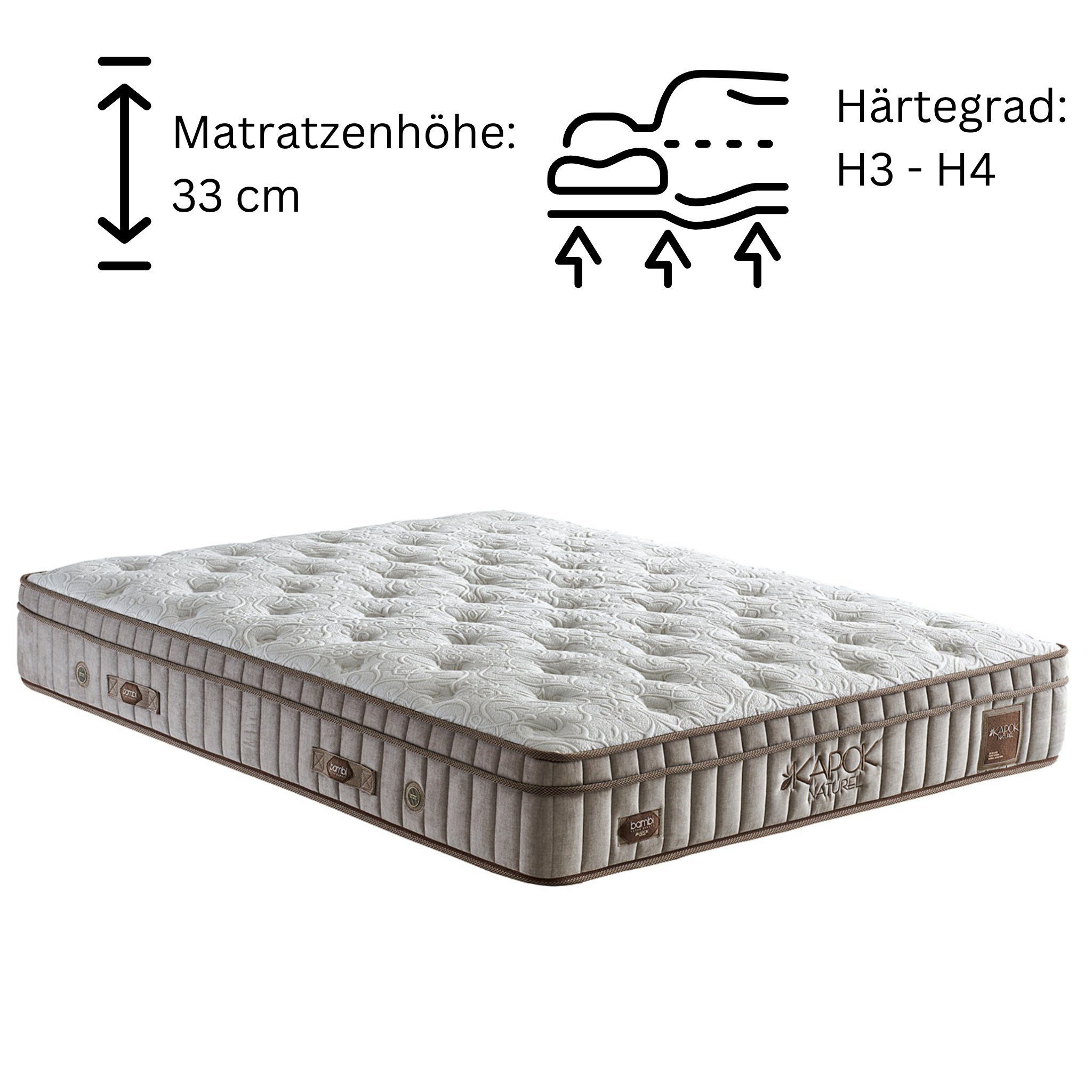 Taschenfederkernmatratze 8 Schichten Matratze 90x200 Taschenfederkenmatratze 180x200, Bambi, 33 cm hoch