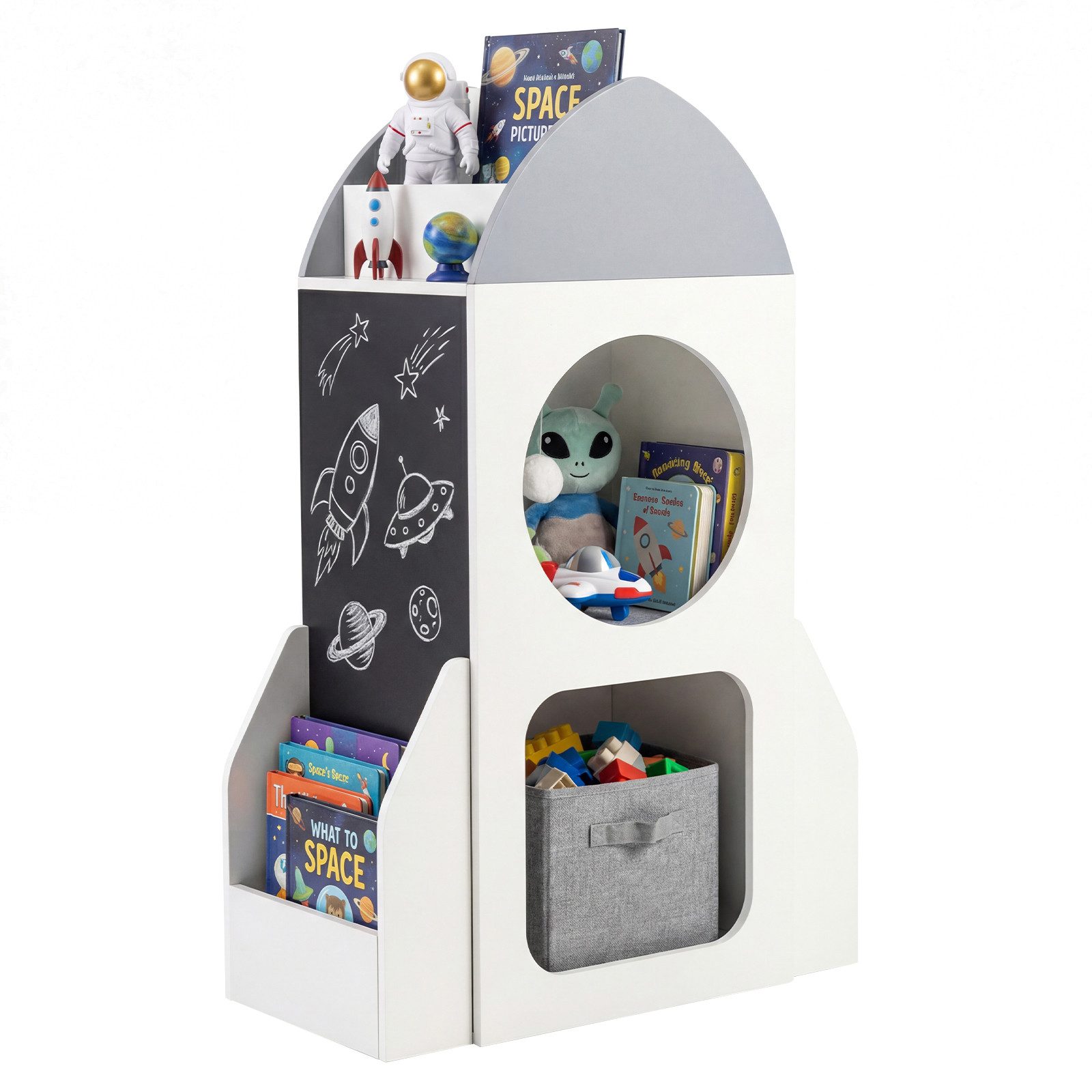 COSTWAY Kinderregal, Raketen-Weltraum-Thema, mit Tafel & 3-stufiges Regal
