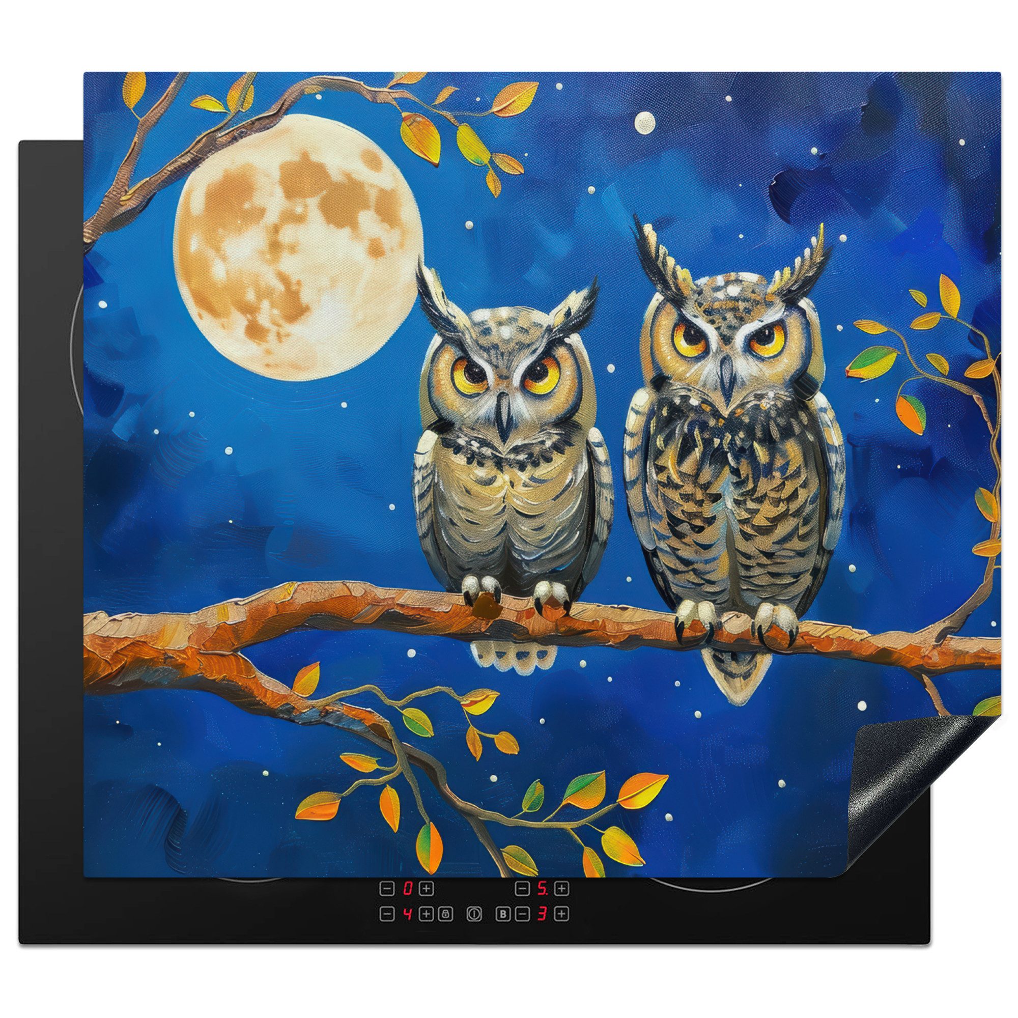 MuchoWow Herd-Abdeckplatte Eulen - Malansicht - Natur - Nacht, Vinyl, (1 tlg), Abdeckplatte für Ceranfeld, Herd Inductionsmatte, 57.6x51.6 cm