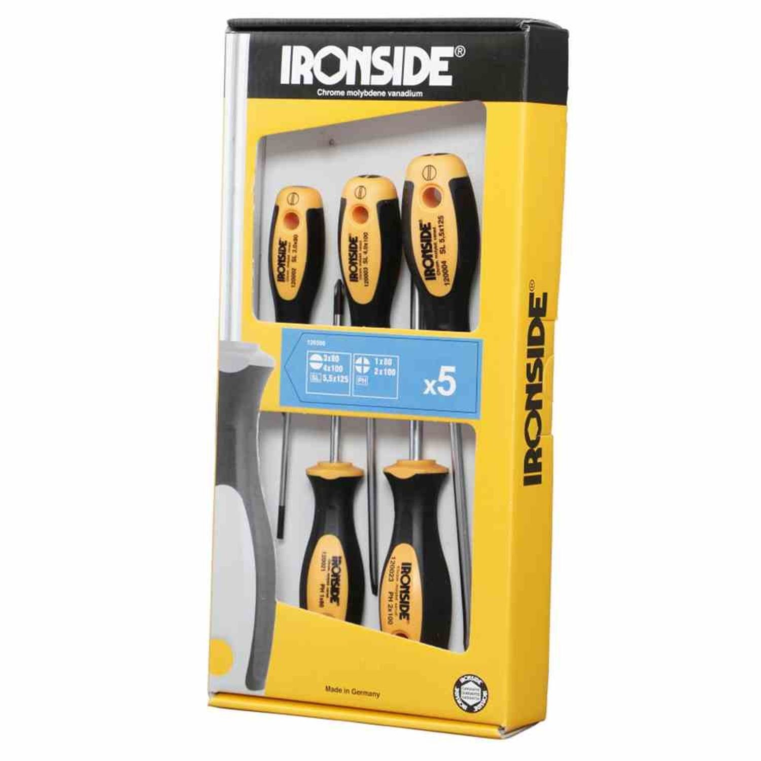 IRONSIDE Schraubendreher Schraubendreher-Set 2500 Chrom-Vanadium-S 2-Komponenten-Griff 5-teilig