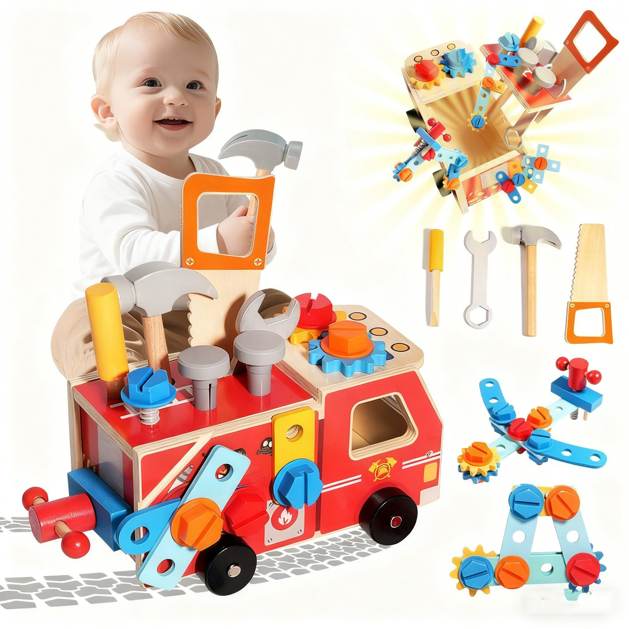 CLTYQ Lernspielzeug 33-teiliges Holz-Kinder-Werkzeug mit Feuerwehr-förmiger günstig online kaufen