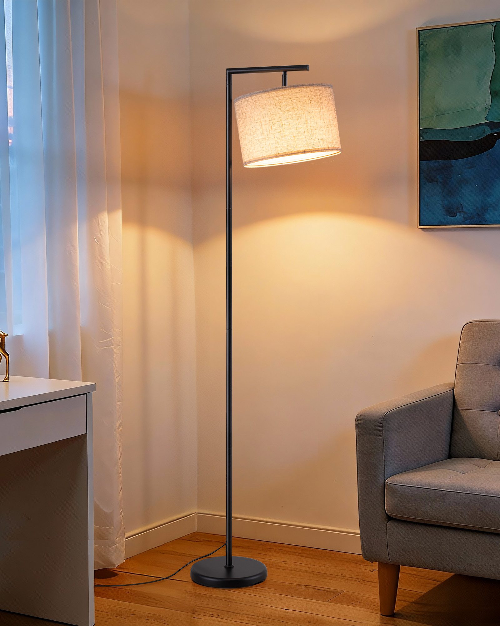 EDISHINE Stehlampe Wohnzimmer 160cm, Lampenschirm verstellbar, LED wechselbar, warmweiß, mit Lampenschirm aus Leinen