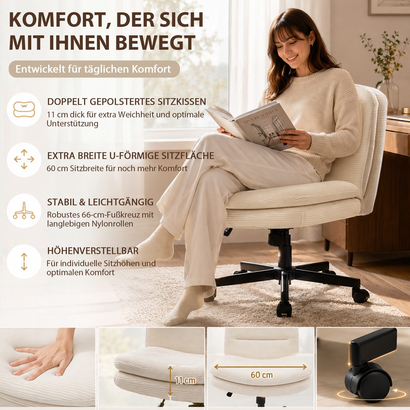 Durrafy Drehstuhl Bürostuhl aus Samt, Schminkstuhl ohne Armlehnen, mit Rollen (1er Set), für Schminktisch & Homeoffice, 360° drehbar, höhenverstellbar, 160 kg