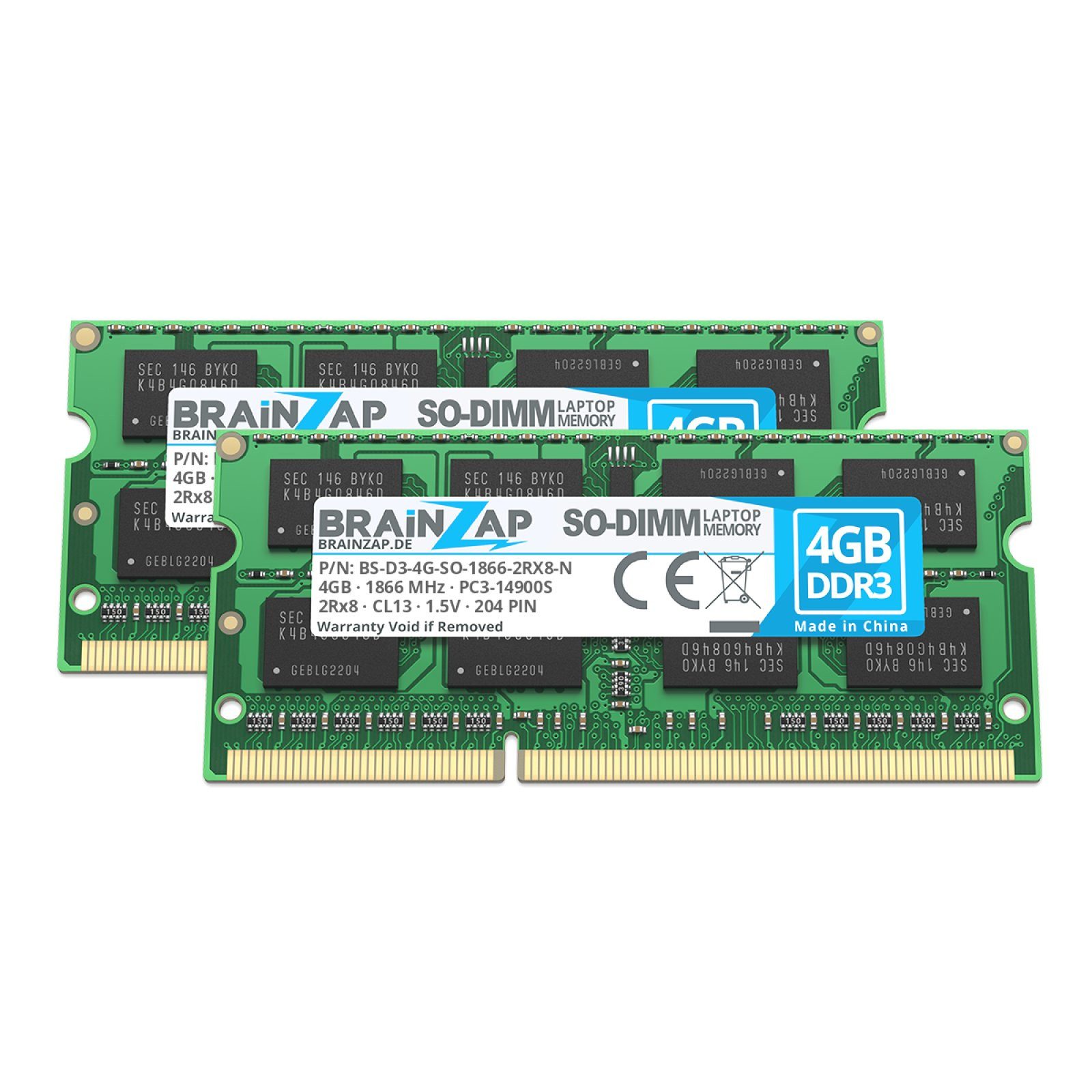 BRAINZAP 8GB (2x 4GB) RAM PC3-14900S-13 SO-DIMM Laptop-Arbeitsspeicher (1866 MHz, CL13, 2Rx8, Non-ECC, Unbuffered, für Notebooks - Intel und)