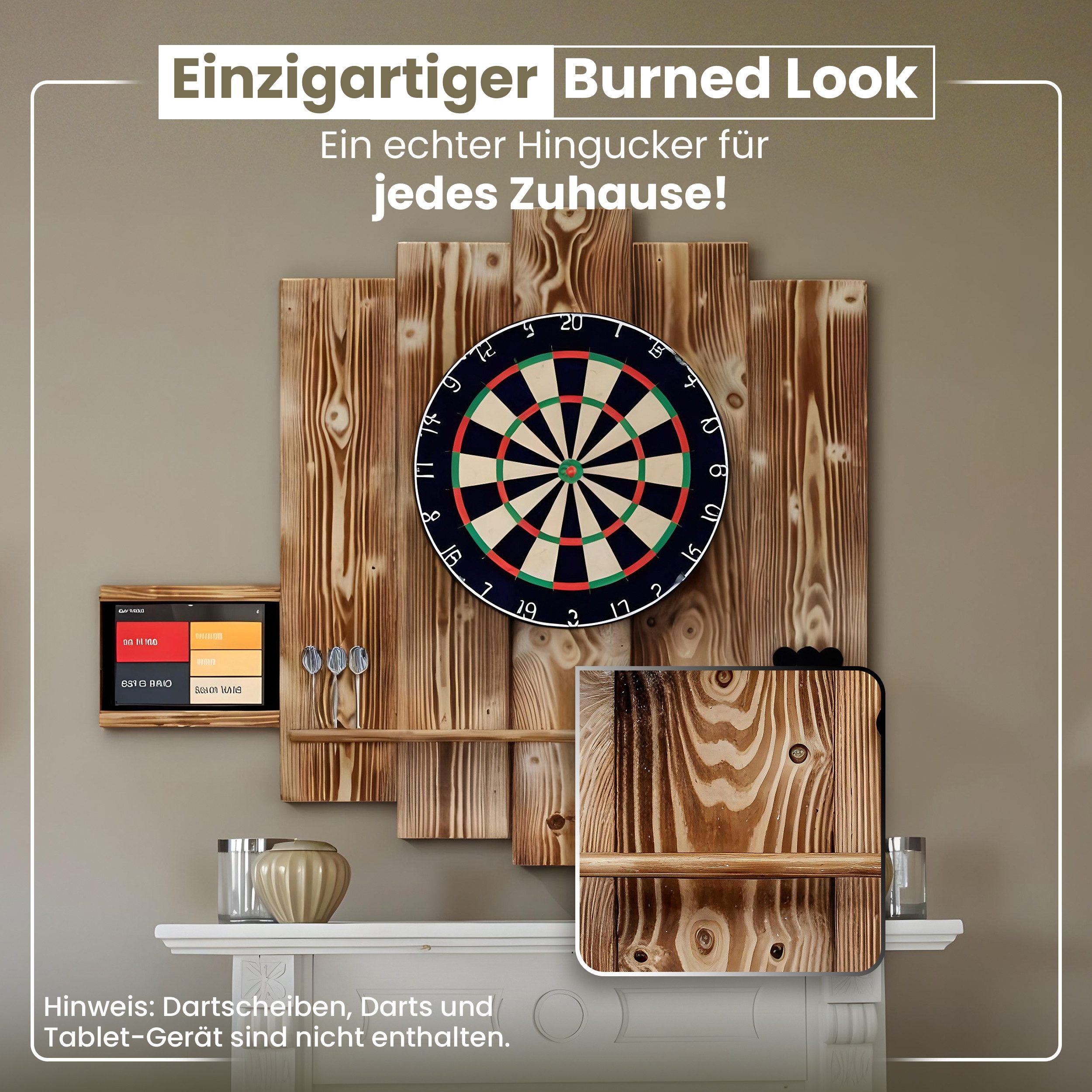 WDS Dartscheibe WOODEN Dartboard Surround, (Premium Dart-Wandschutz, Burned Look (Geflammt) oder Color Design), Optionaler Tablet-Halter