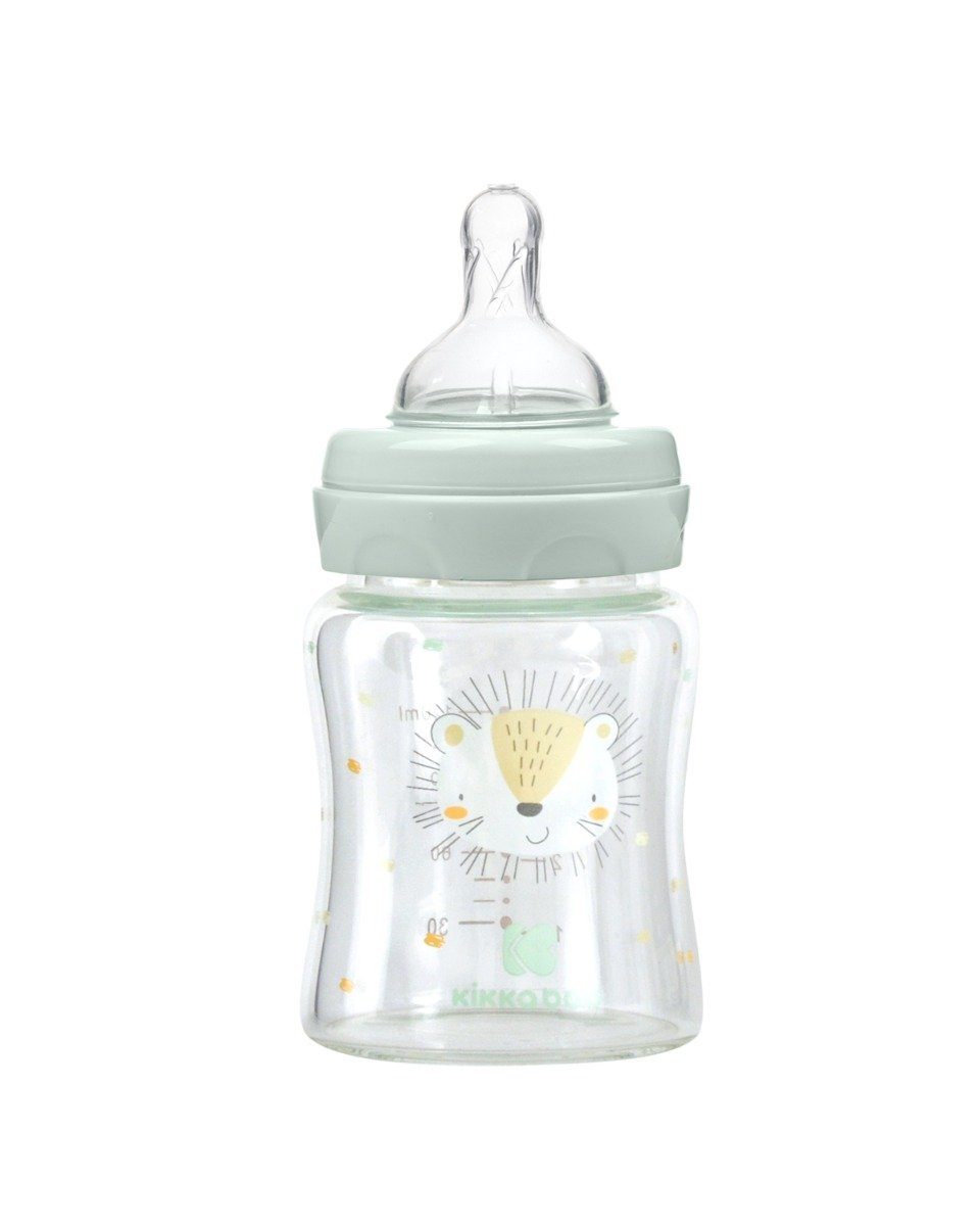 Kikkaboo Babyflasche Baby Glasflasche 120 grün ml, Weithalsöffnung, S, Deckel Silikonsauger Größe